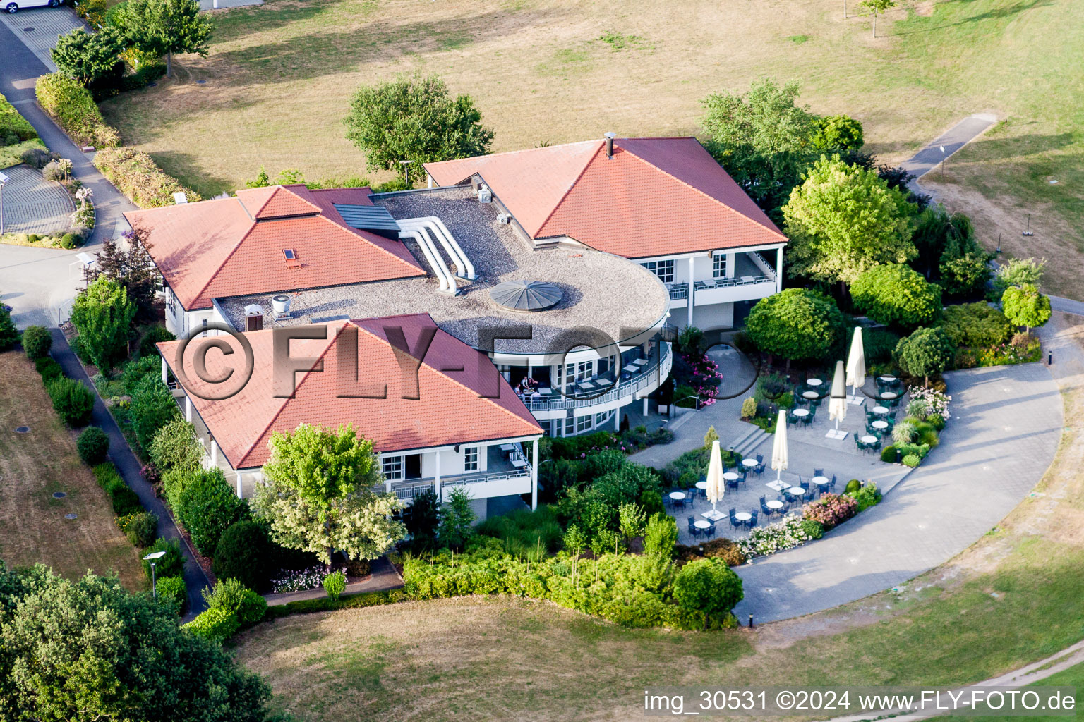 Aerial photograpy of Restaurant at Golf club Soufflenheim Baden-Baden in Soufflenheim in Grand Est, France