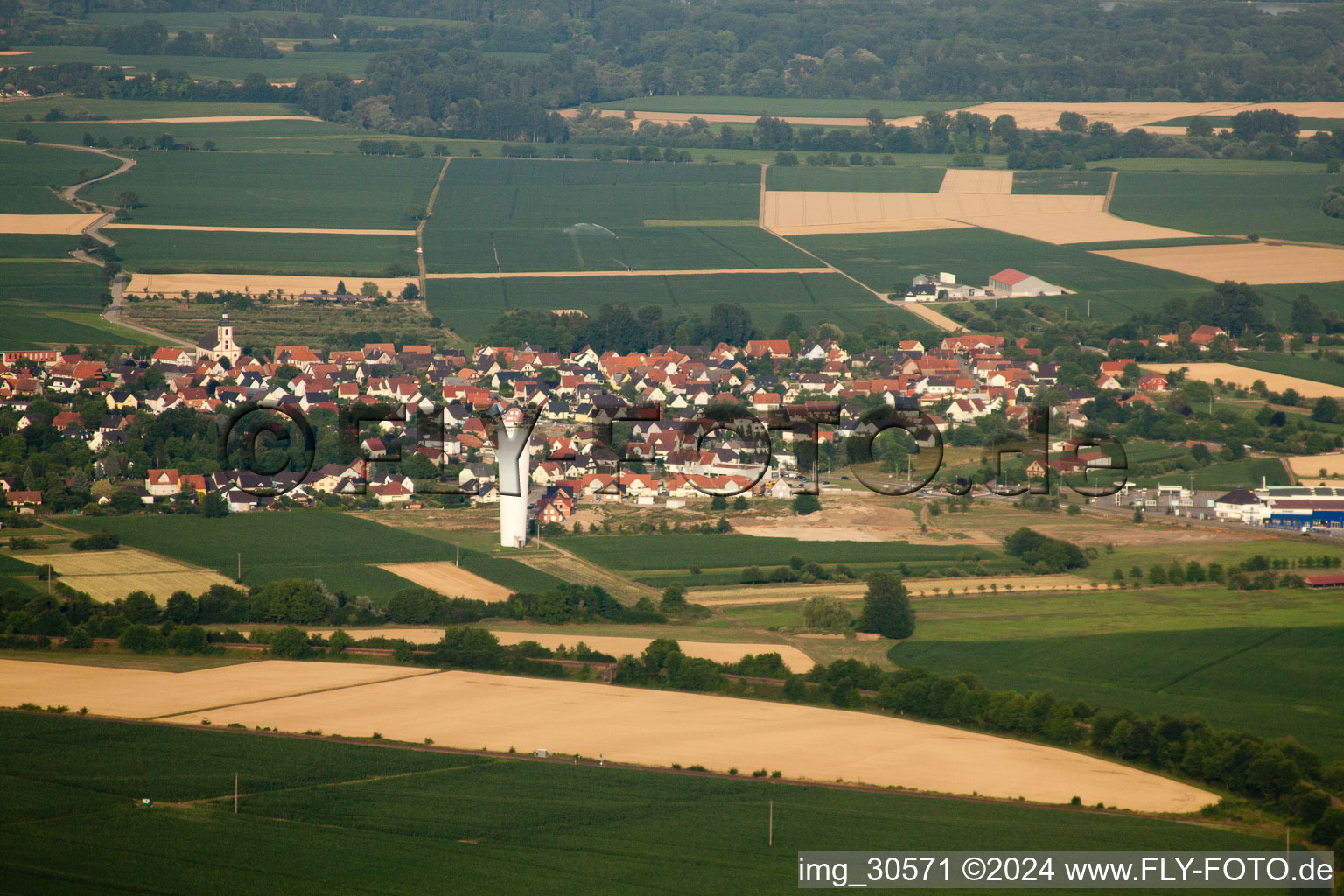 Aerial view of Roeschwoog from the west in Rœschwoog in the state Bas-Rhin, France