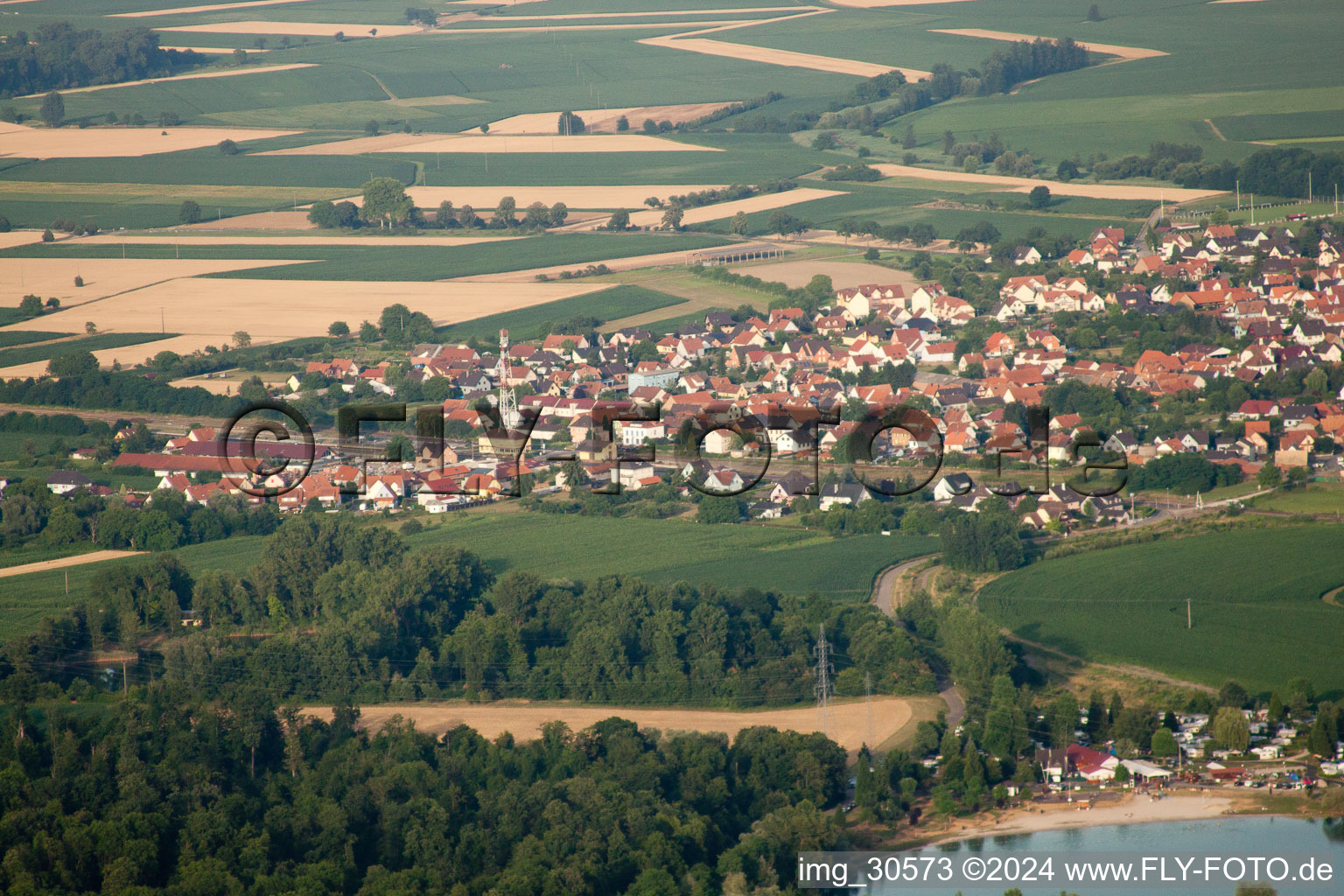 Oblique view of Roeschwoog from the west in Rœschwoog in the state Bas-Rhin, France