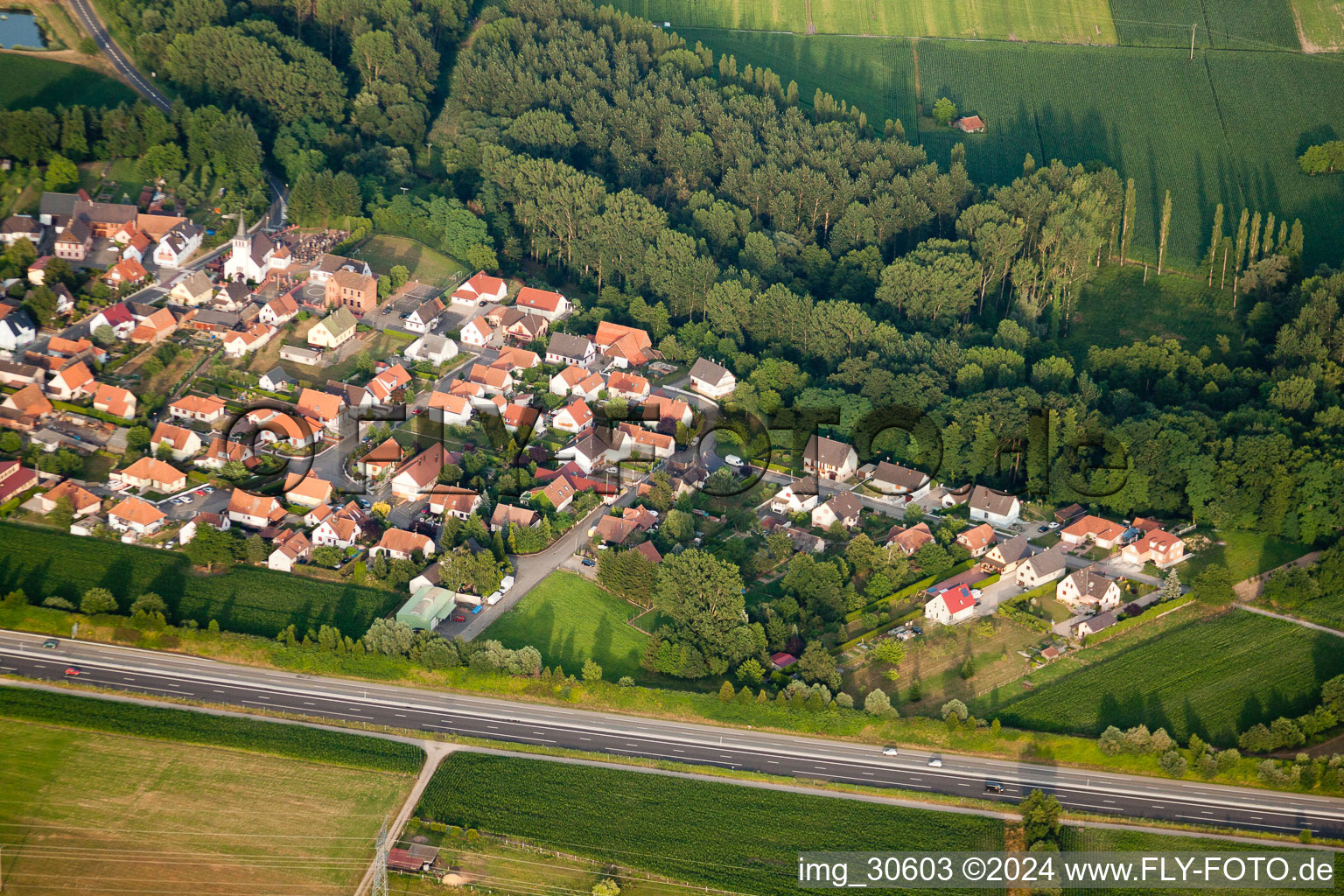 Aerial view of From the west in Kesseldorf in the state Bas-Rhin, France