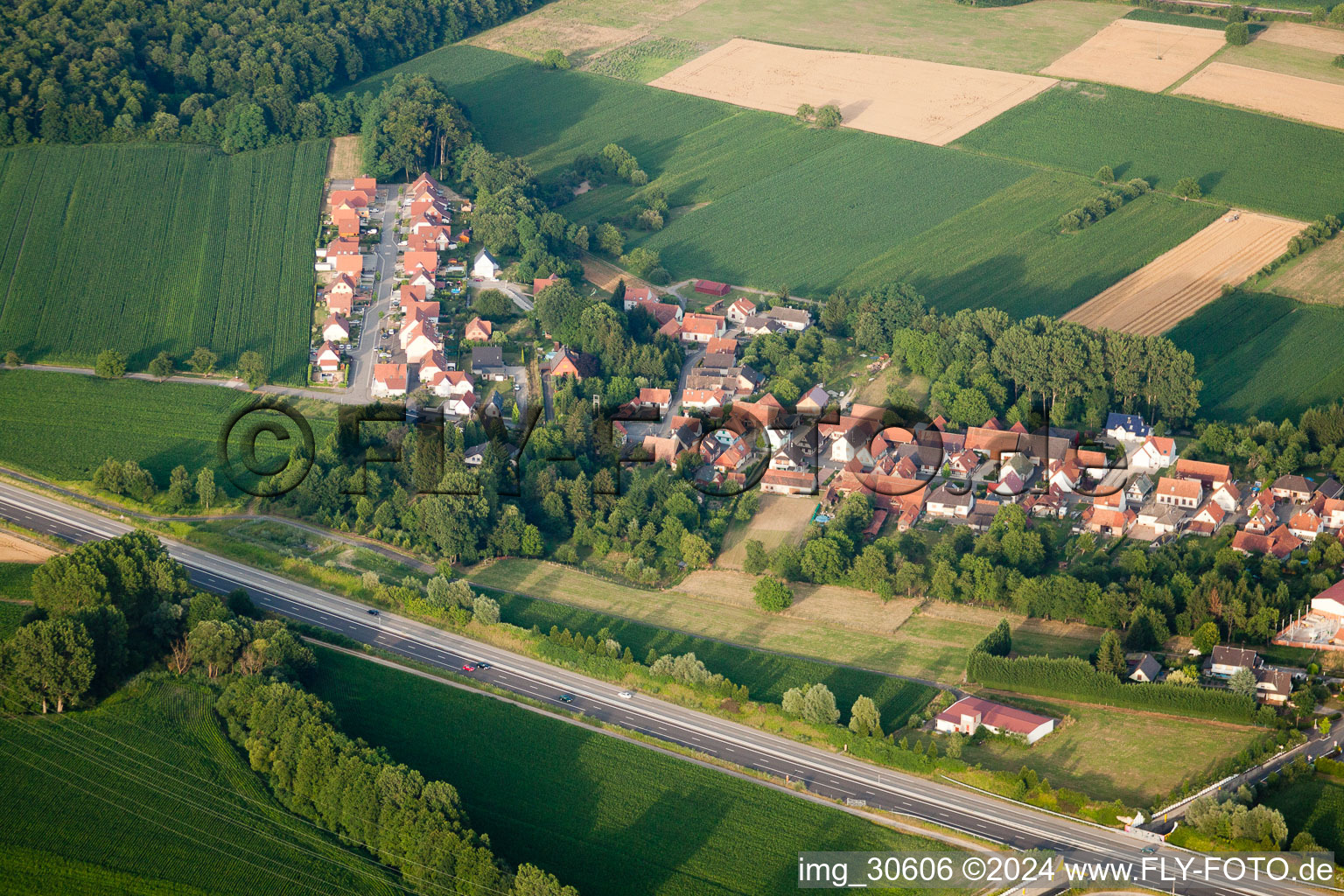 From the west in Kesseldorf in the state Bas-Rhin, France from above