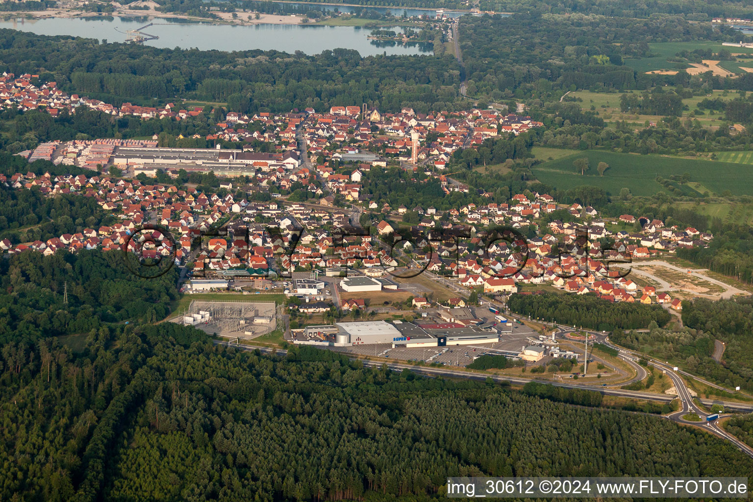 Aerial view of From the west in Seltz in the state Bas-Rhin, France