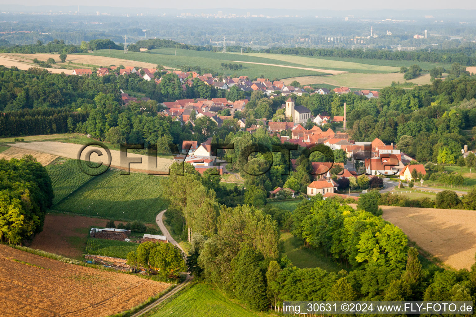 Neewiller-près-Lauterbourg in the state Bas-Rhin, France from a drone