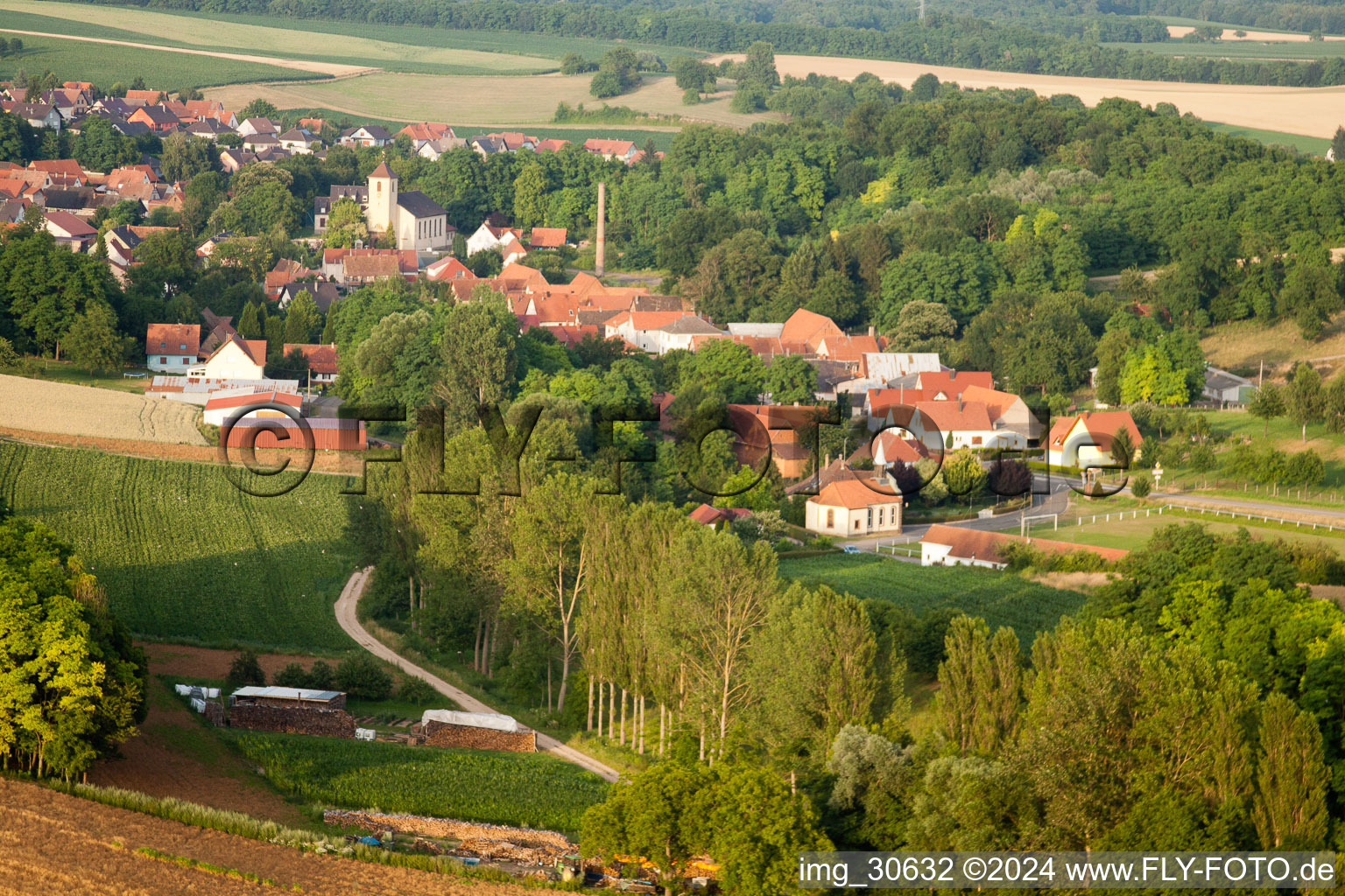 Neewiller-près-Lauterbourg in the state Bas-Rhin, France seen from a drone