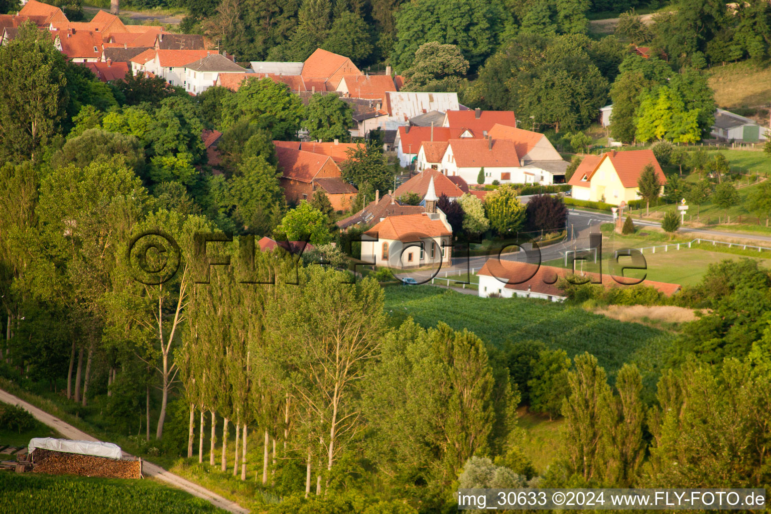 Aerial view of Neewiller-près-Lauterbourg in the state Bas-Rhin, France