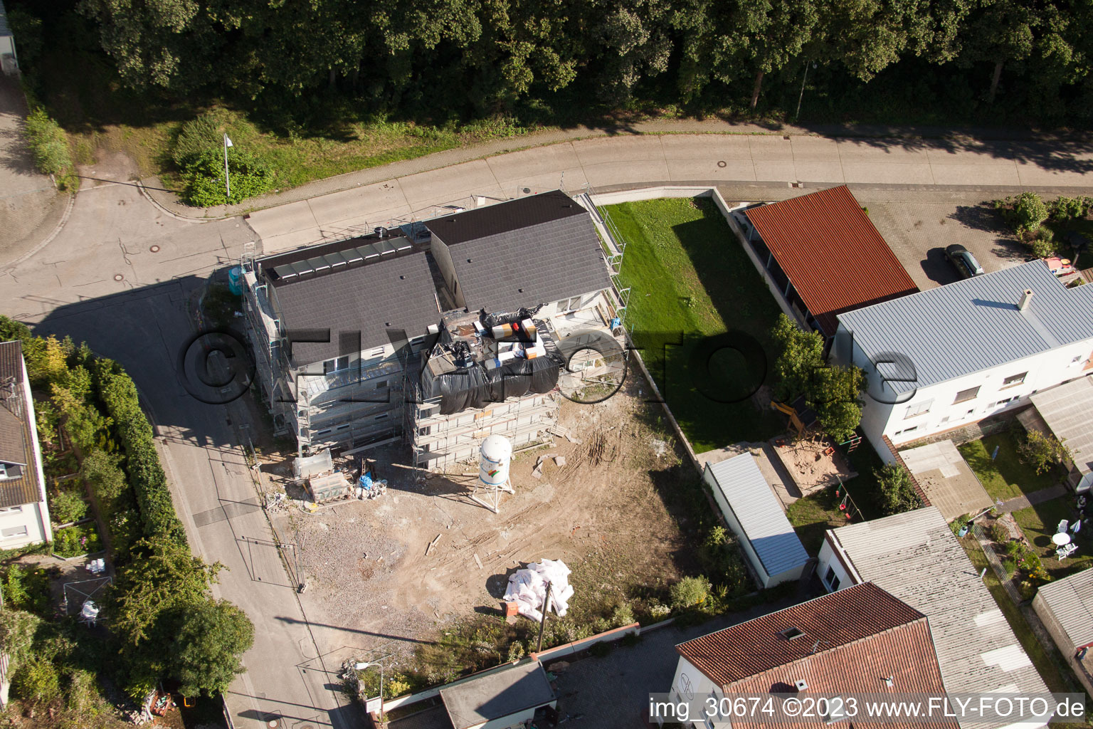 Aerial view of Waldstrasse, new building for the social-therapeutic chain South Palatinate in Kandel in the state Rhineland-Palatinate, Germany