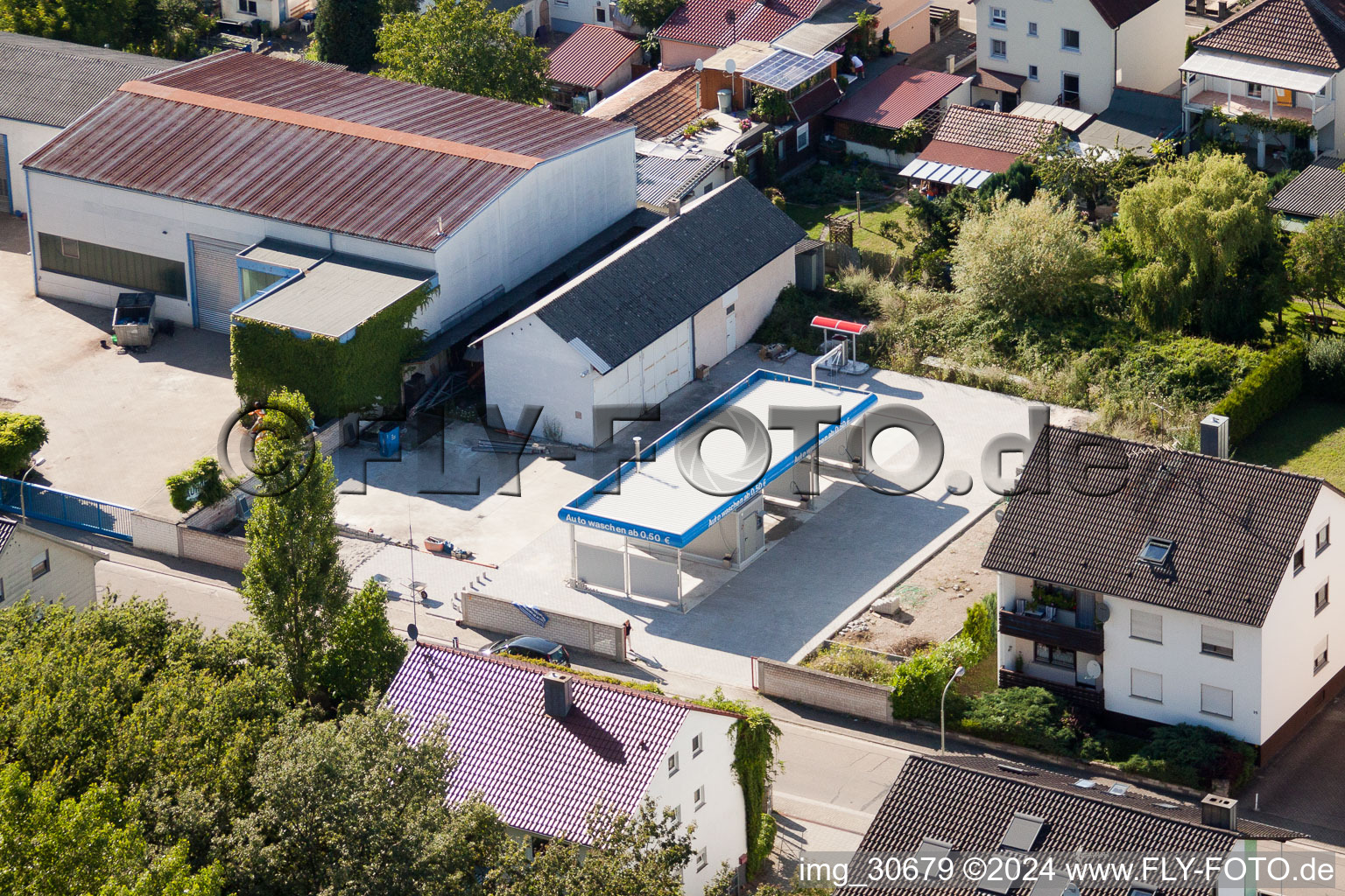 Aerial view of Elsässerstraße, new car wash in Kandel in the state Rhineland-Palatinate, Germany