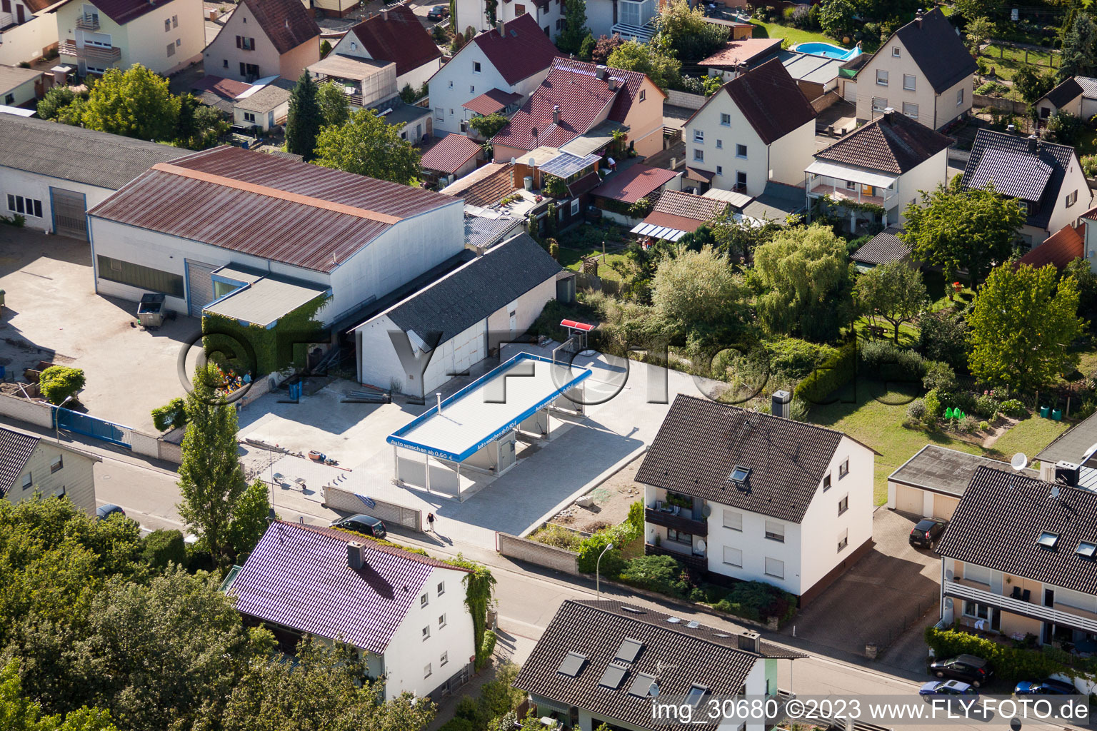 Aerial photograpy of Elsässerstrasse, new car wash in Kandel in the state Rhineland-Palatinate, Germany
