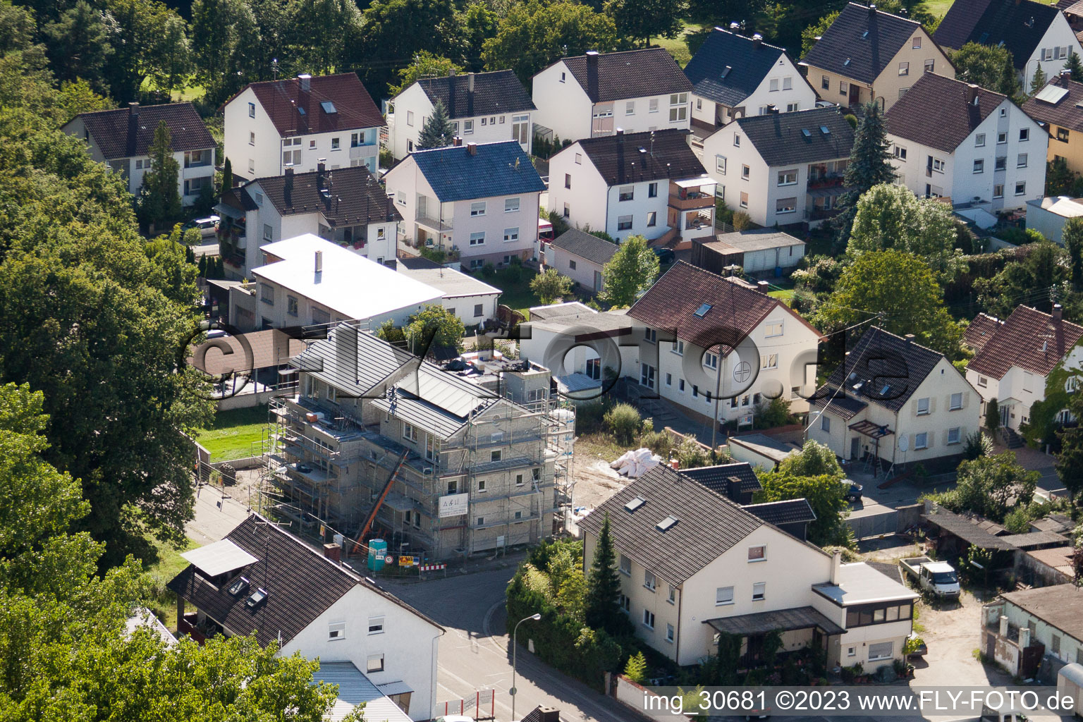 Aerial photograpy of Waldstrasse, new building for the social-therapeutic chain South Palatinate in Kandel in the state Rhineland-Palatinate, Germany