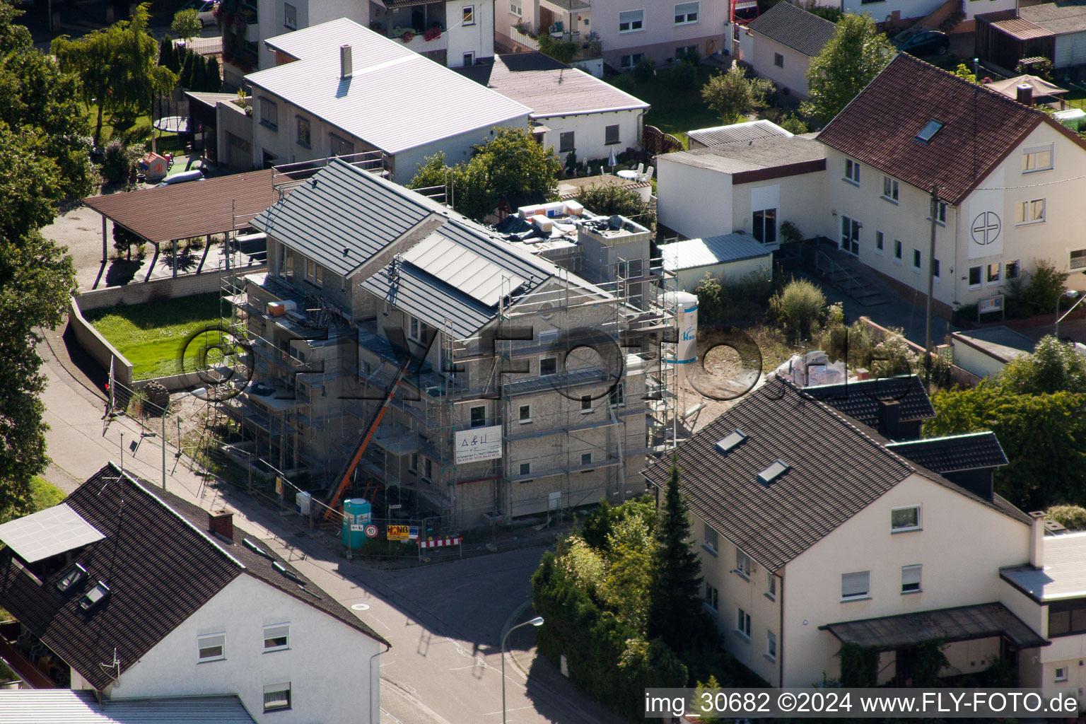 Oblique view of Waldstraße, new building of the social-therapeutic chain Südpfalz in Kandel in the state Rhineland-Palatinate, Germany