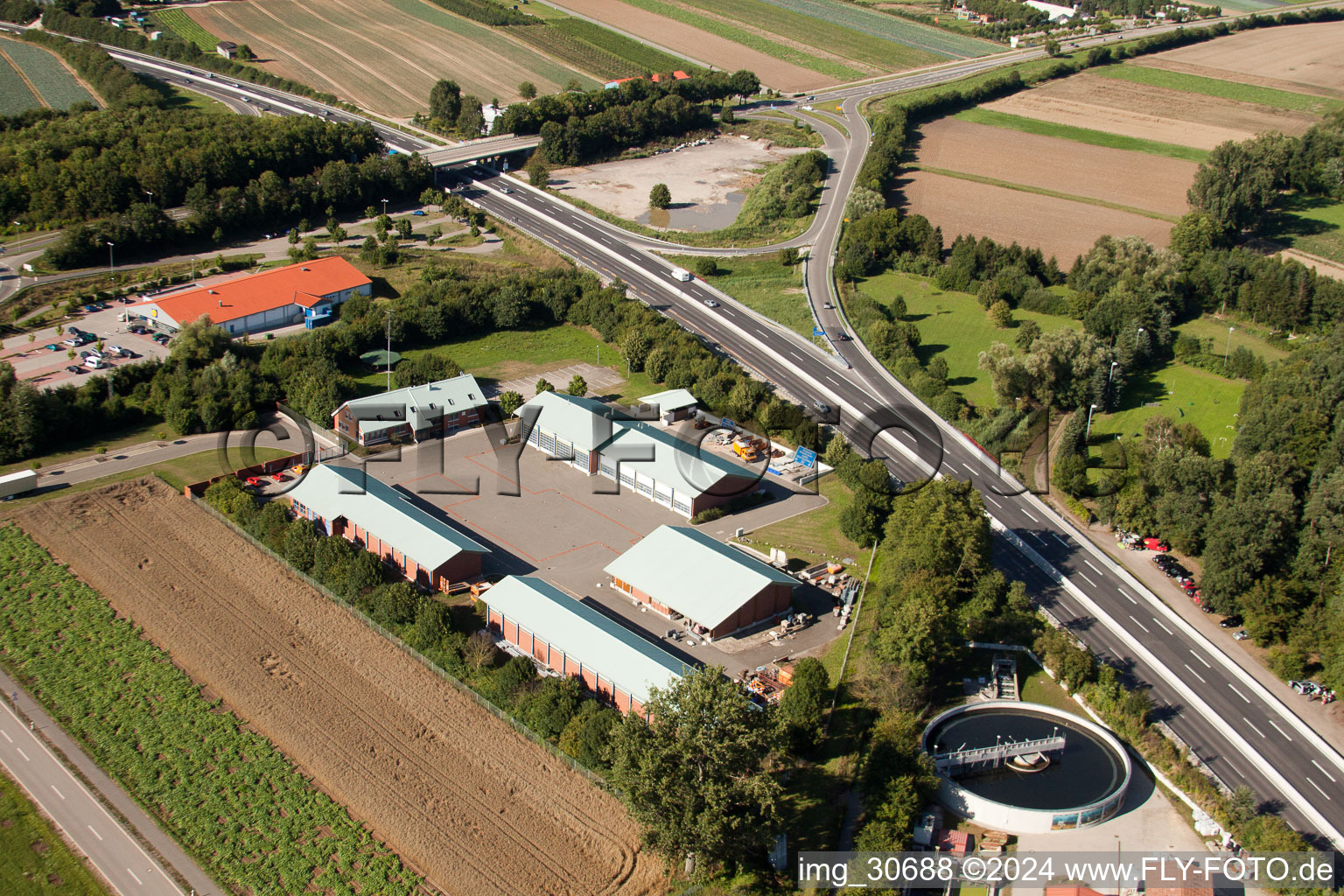 Aerial view of Motorway maintenance department in Kandel in the state Rhineland-Palatinate, Germany