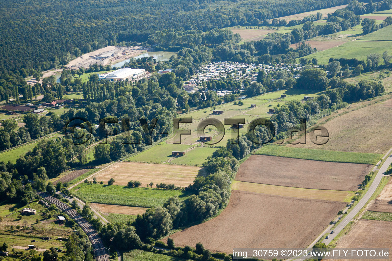 Aerial view of Mhou Ostrich Farm in Rülzheim in the state Rhineland-Palatinate, Germany