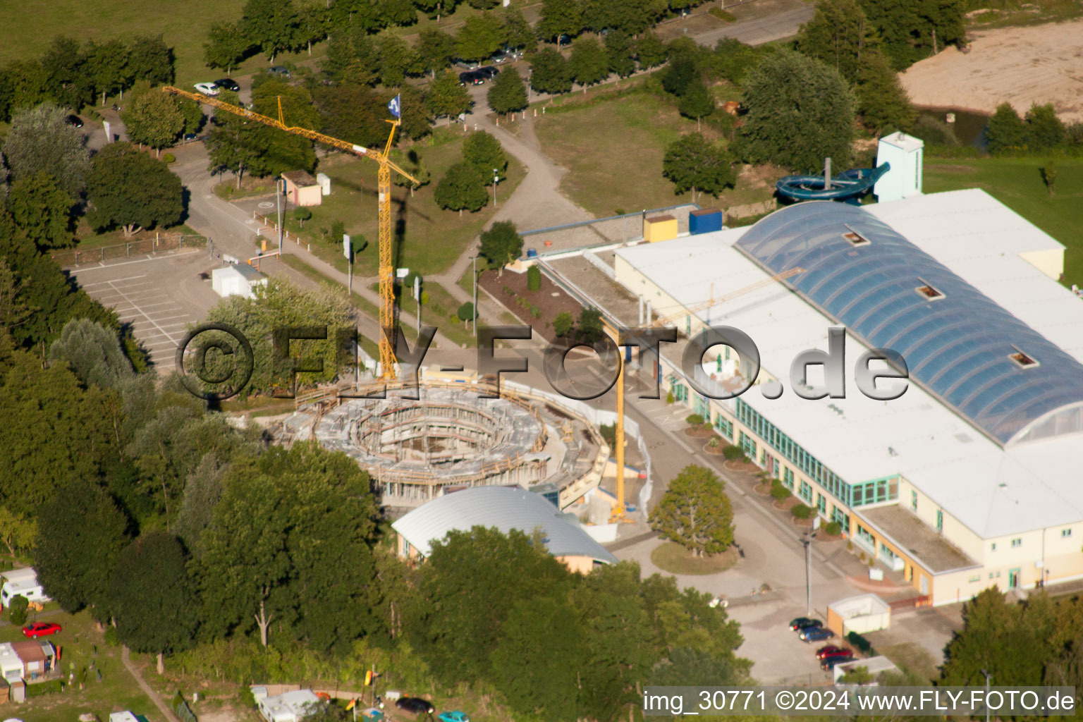 Aerial view of New Dampfnudel and outdoor pool in Rülzheim in the state Rhineland-Palatinate, Germany