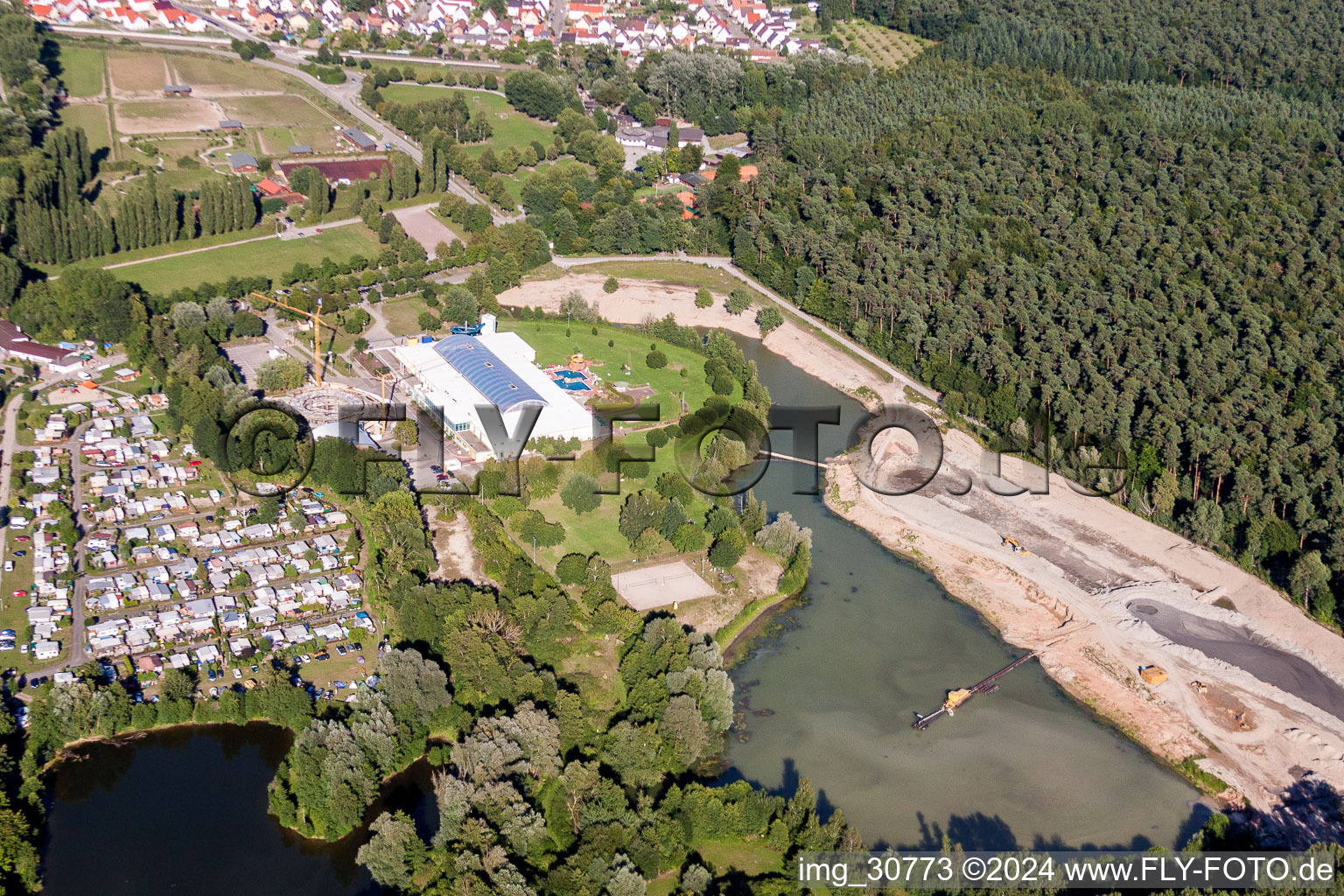 Sandy beach areas on the Freizeitzentrum Moby Dick in Ruelzheim in the state Rhineland-Palatinate, Germany