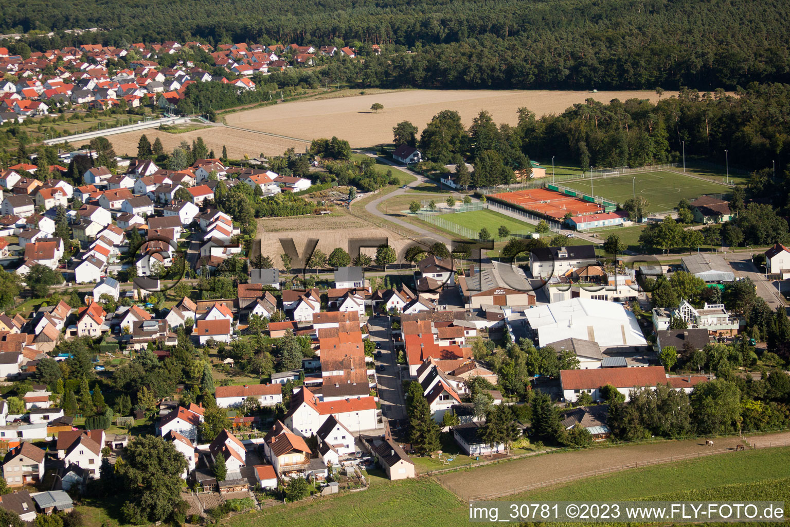 Aerial view of Sports fields in Rheinzabern in the state Rhineland-Palatinate, Germany