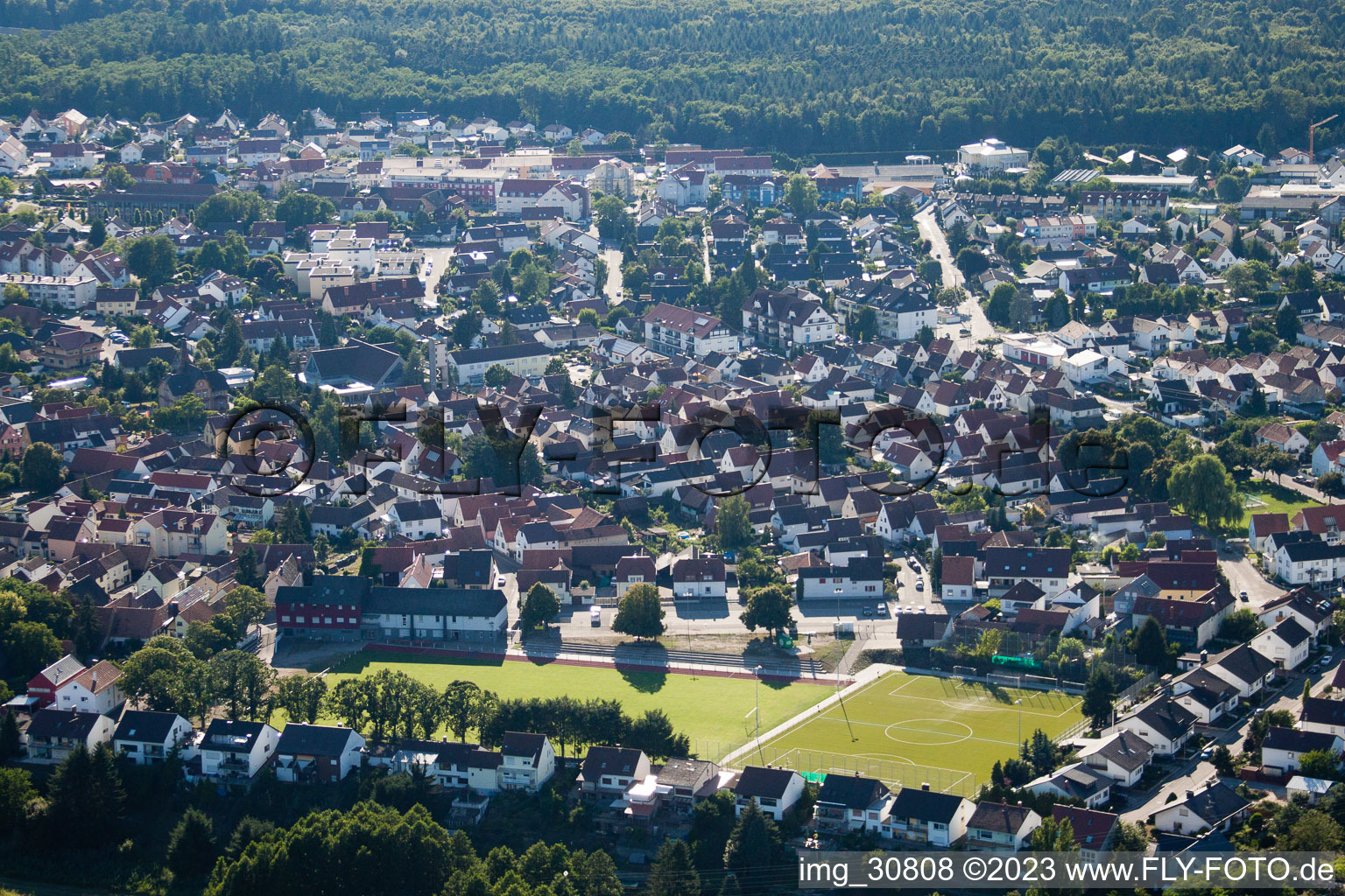 Oblique view of Sports fields in Jockgrim in the state Rhineland-Palatinate, Germany