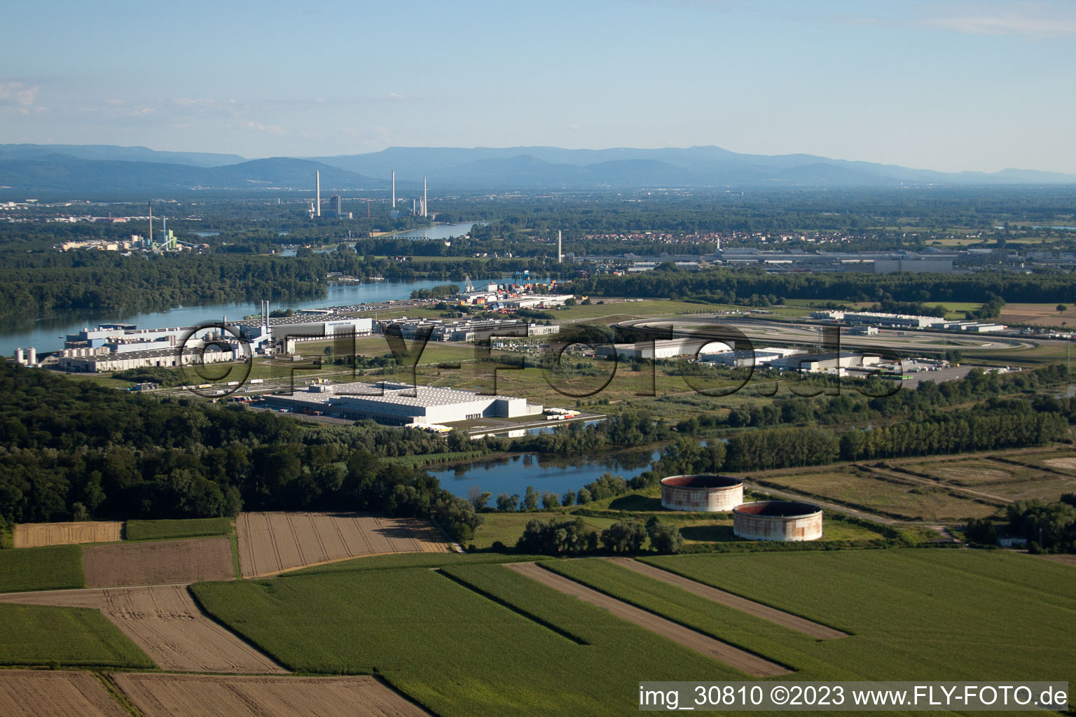 Oberwald industrial area in Wörth am Rhein in the state Rhineland-Palatinate, Germany viewn from the air