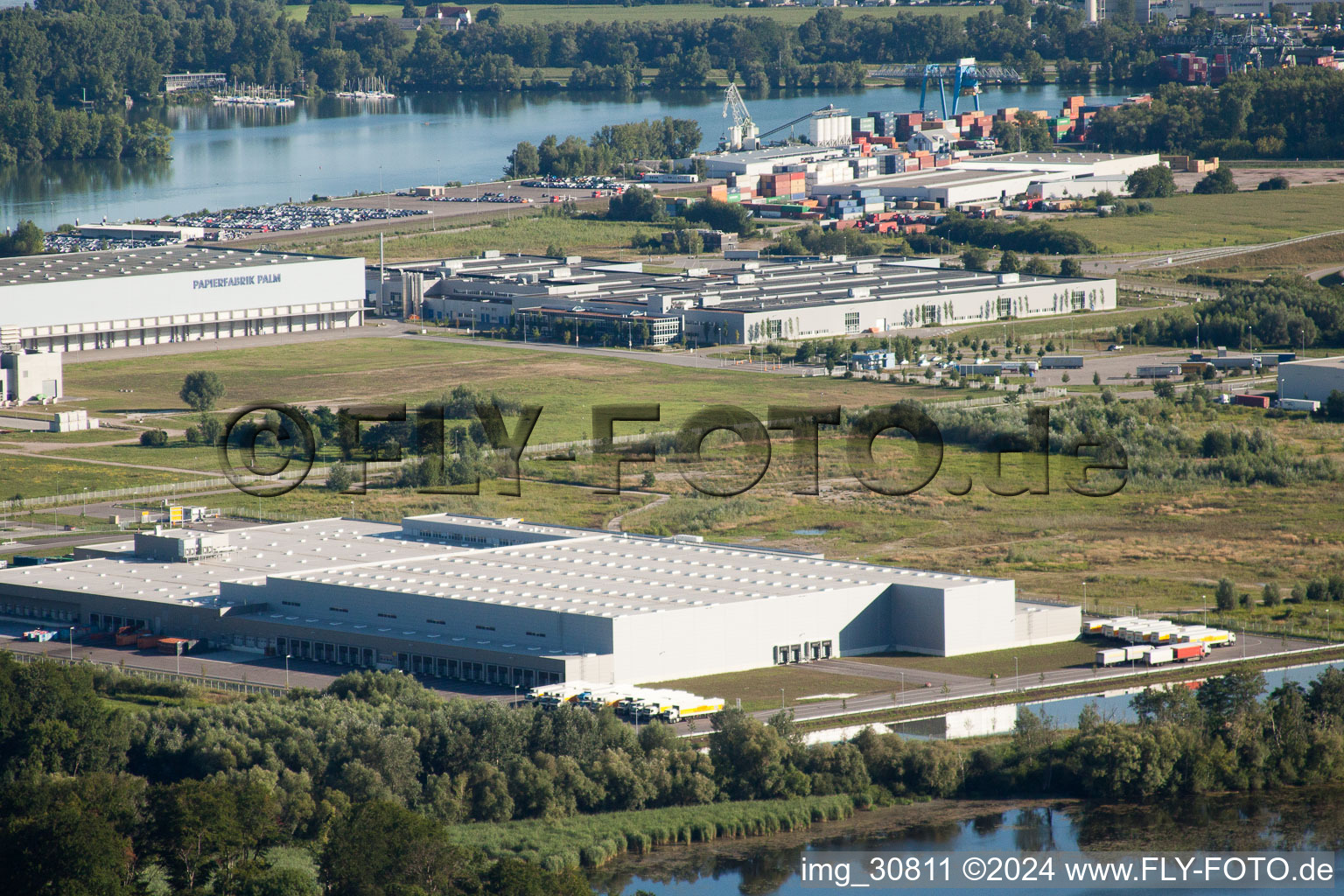 Drone recording of Oberwald Industrial Area in Wörth am Rhein in the state Rhineland-Palatinate, Germany