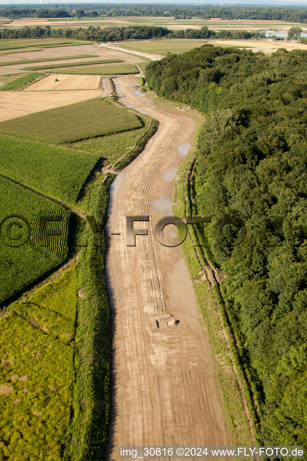 Aerial view of Polder construction in Neupotz in the state Rhineland-Palatinate, Germany