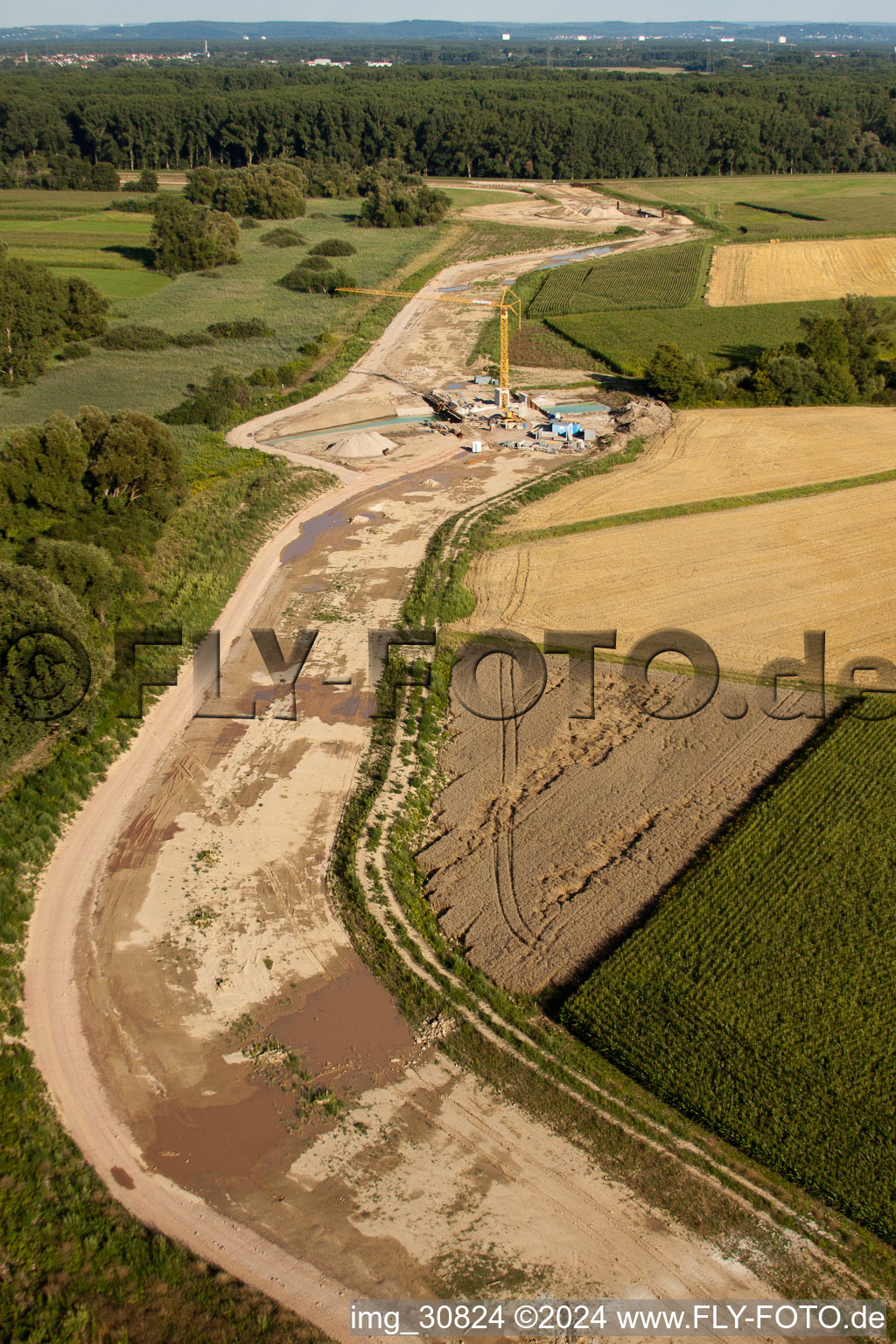 Polder construction in Neupotz in the state Rhineland-Palatinate, Germany from above