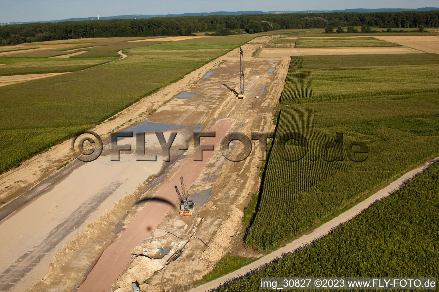 Polder construction in Neupotz in the state Rhineland-Palatinate, Germany seen from above