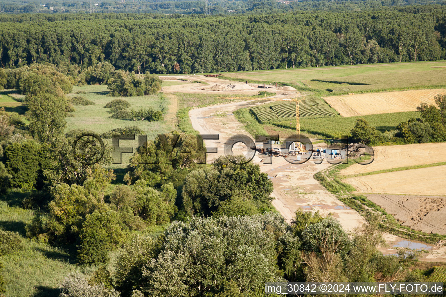 Polder construction in Neupotz in the state Rhineland-Palatinate, Germany from the drone perspective