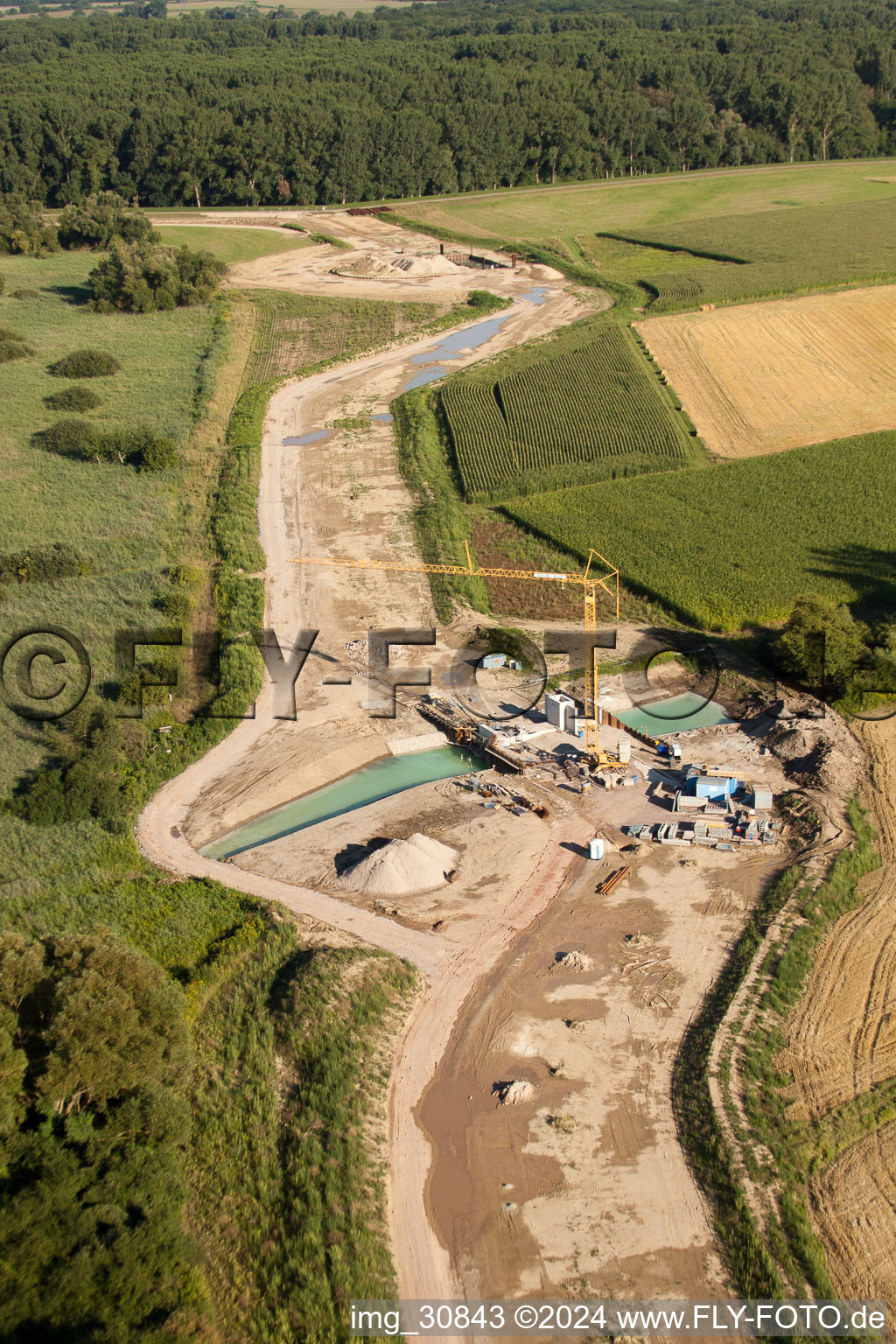 Polder construction in Neupotz in the state Rhineland-Palatinate, Germany from a drone