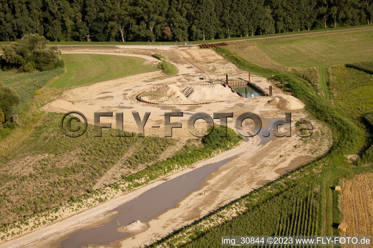 Polder construction in Neupotz in the state Rhineland-Palatinate, Germany seen from a drone