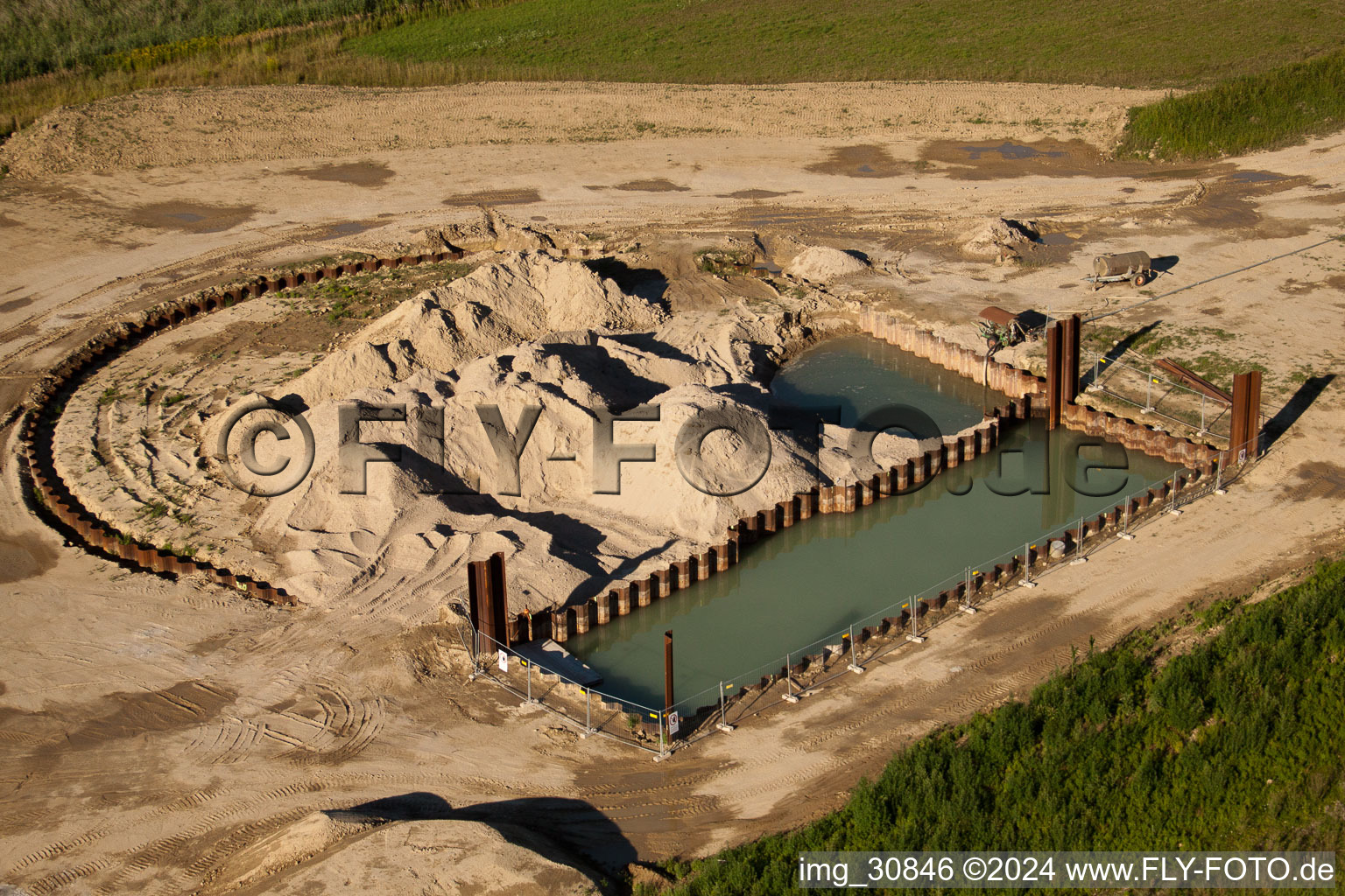 Aerial view of Polder construction in Neupotz in the state Rhineland-Palatinate, Germany