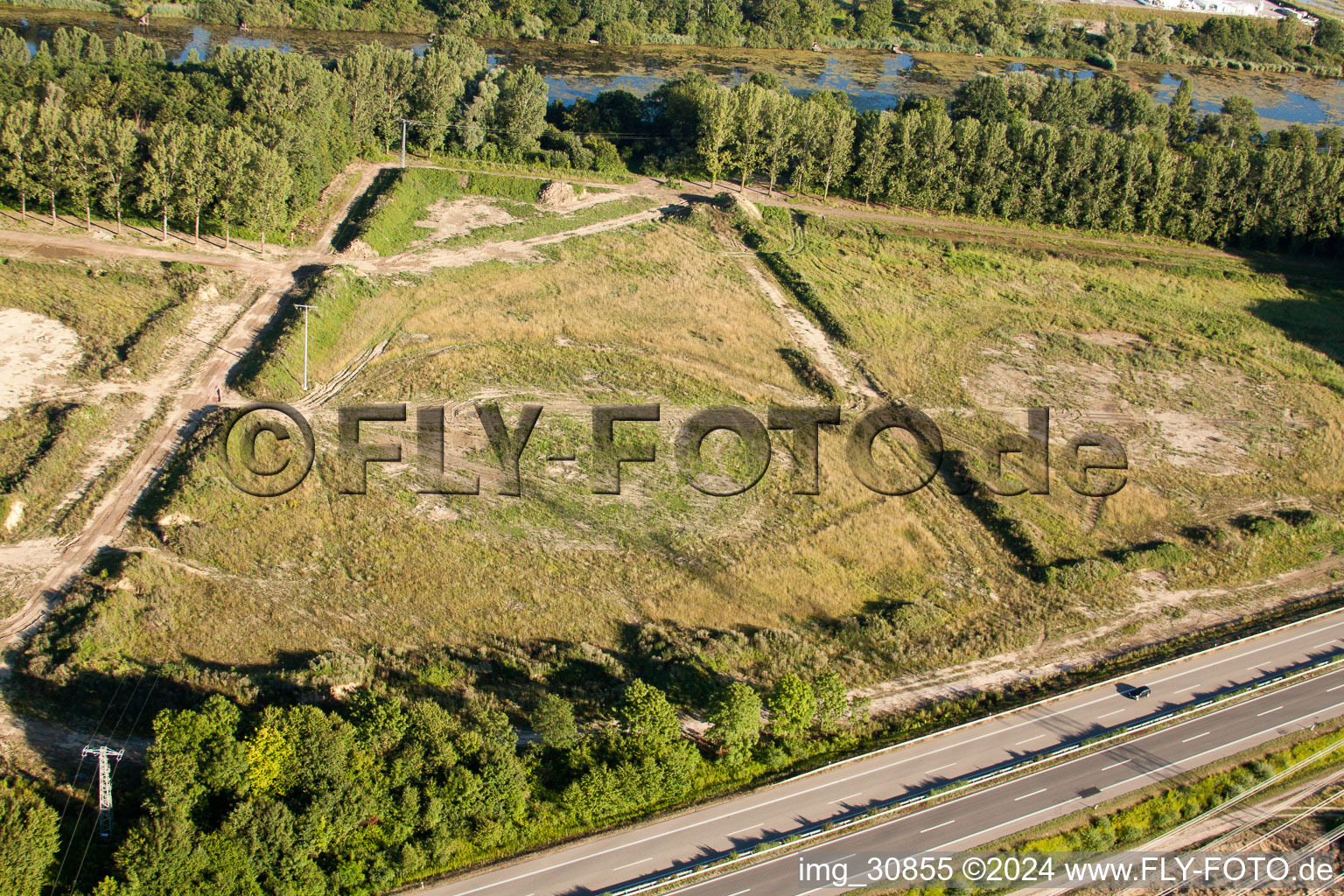 Dismantled tank farm on the B9 in Jockgrim in the state Rhineland-Palatinate, Germany from above