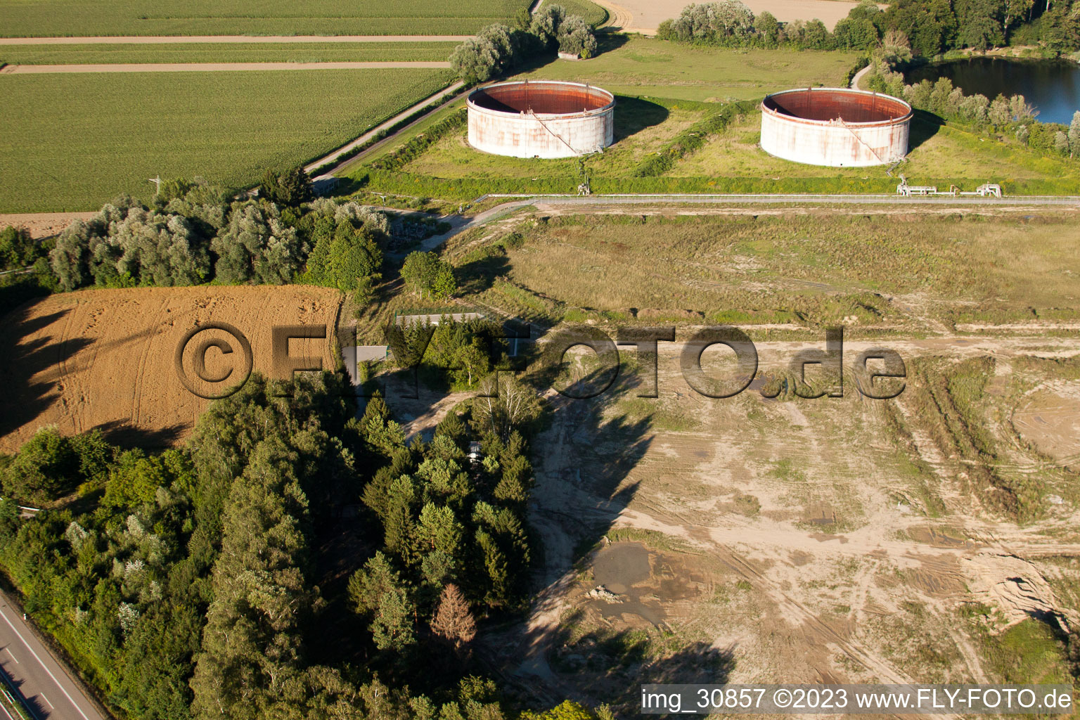 Dismantled tank farm on the B9 in Jockgrim in the state Rhineland-Palatinate, Germany seen from above