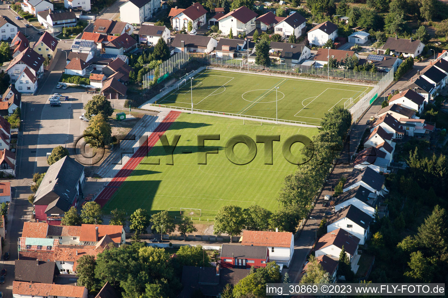 Sports fields in Jockgrim in the state Rhineland-Palatinate, Germany from above