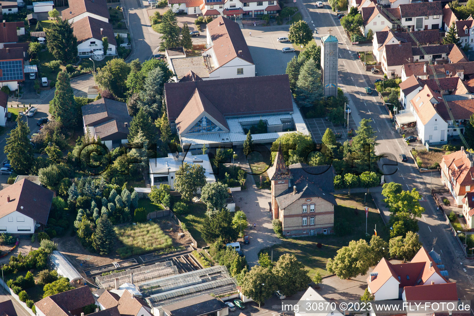 Town Hall, Catholic Church in Jockgrim in the state Rhineland-Palatinate, Germany