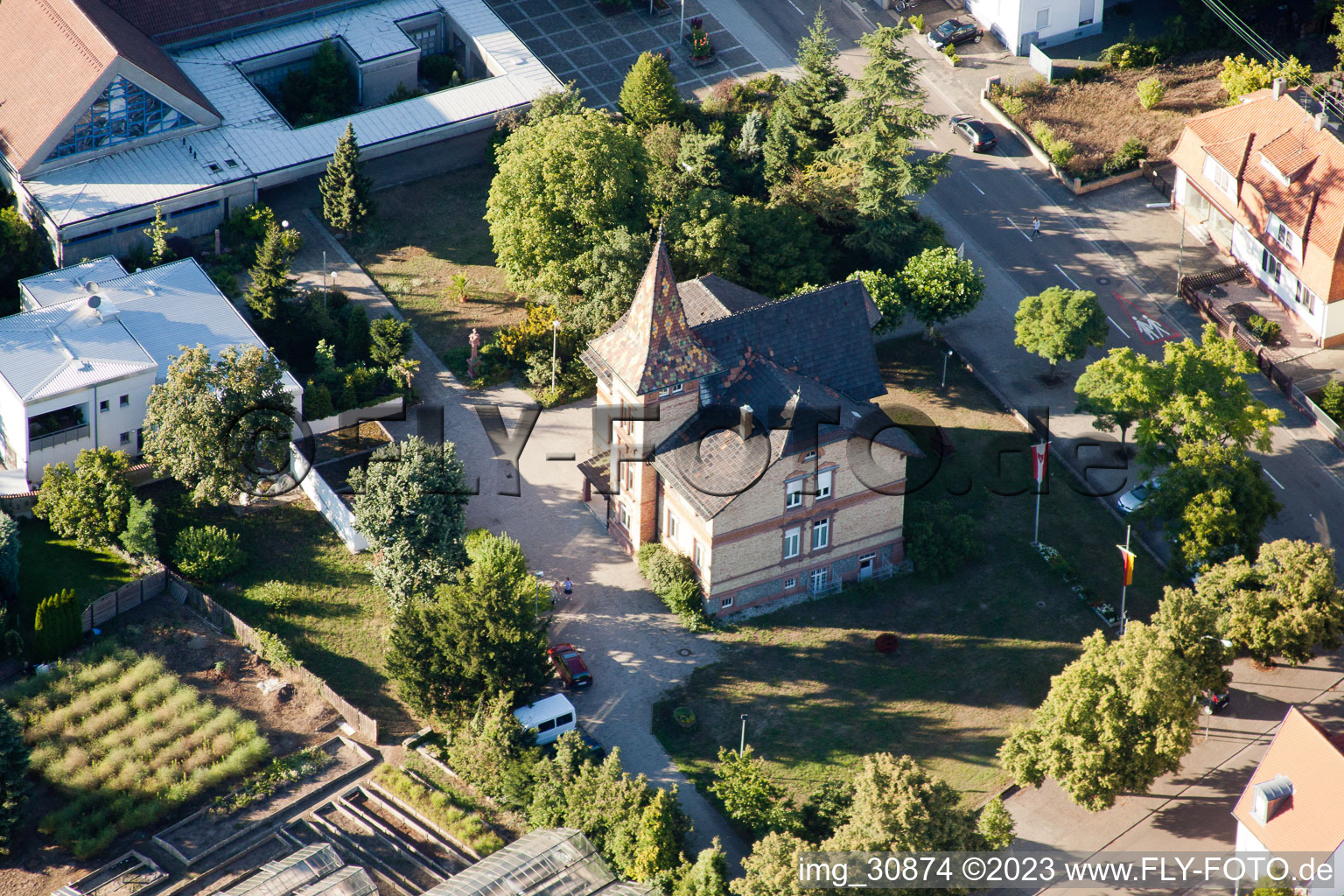 Aerial view of City hall in Jockgrim in the state Rhineland-Palatinate, Germany