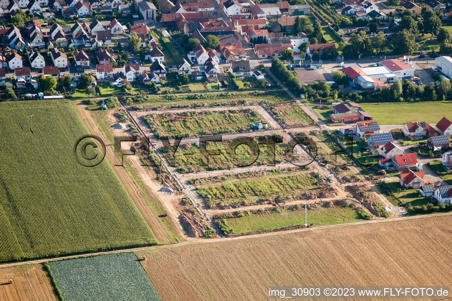 Brotäcker new development area in Steinweiler in the state Rhineland-Palatinate, Germany from the plane