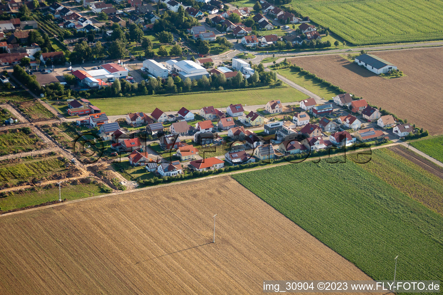 Bird's eye view of Brotäcker new development area in Steinweiler in the state Rhineland-Palatinate, Germany