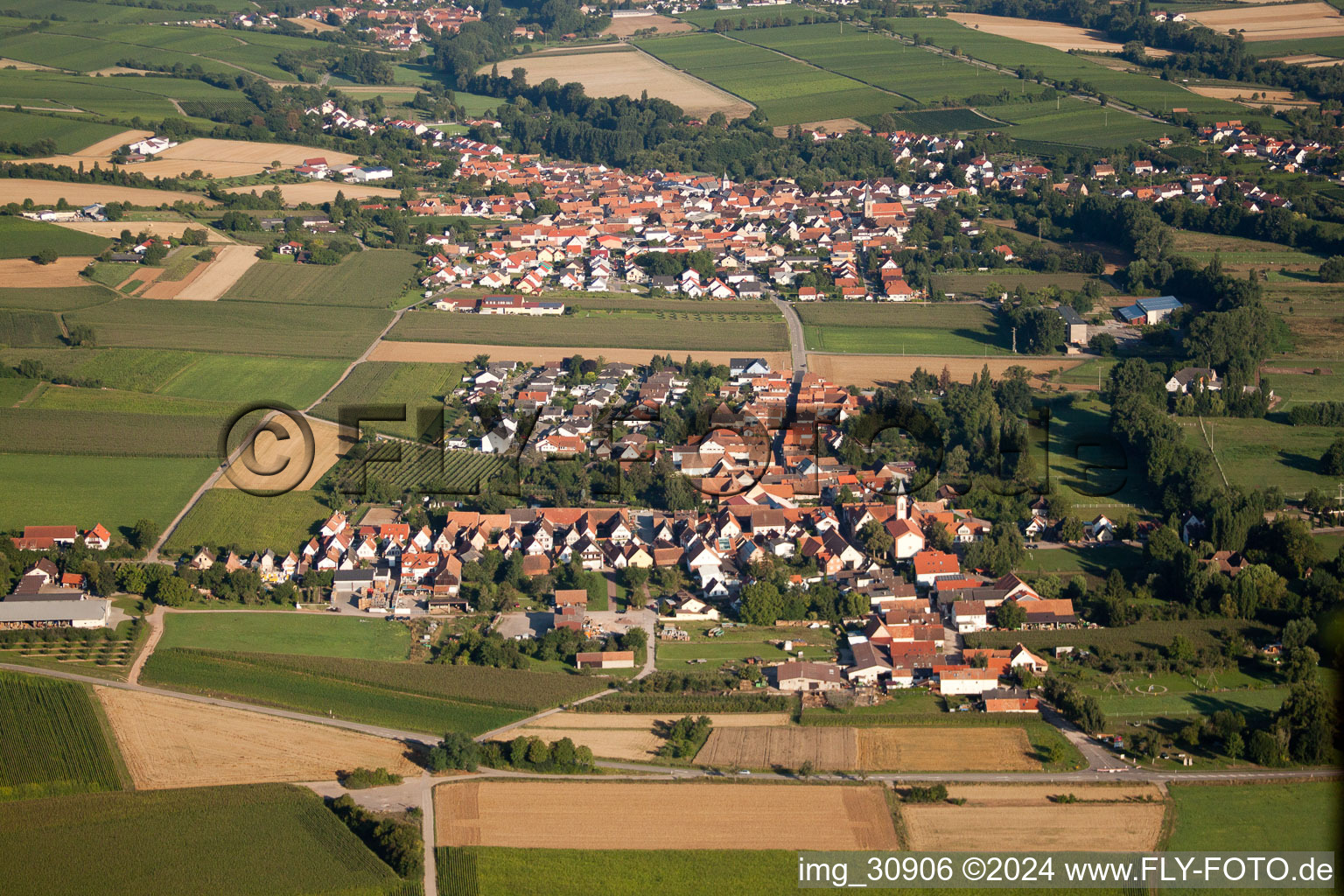 Aerial photograpy of Town View of the streets and houses of the residential areas in the district Muehlhofen in Billigheim-Ingenheim in the state Rhineland-Palatinate