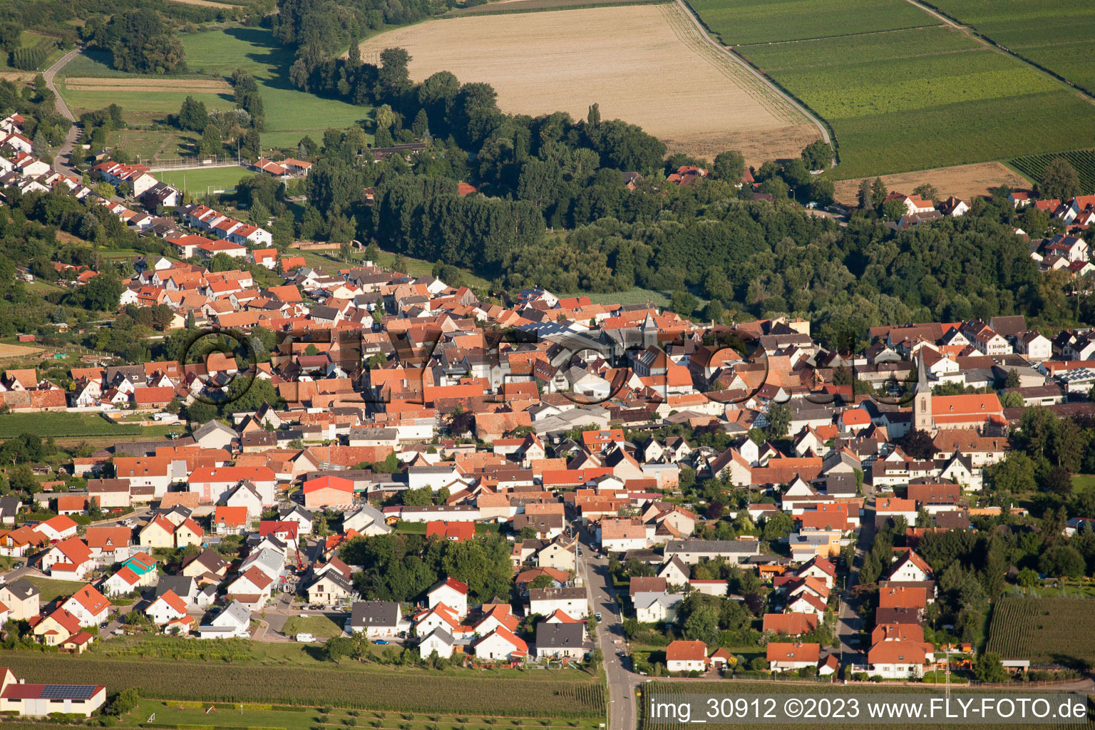District Mühlhofen in Billigheim-Ingenheim in the state Rhineland-Palatinate, Germany viewn from the air