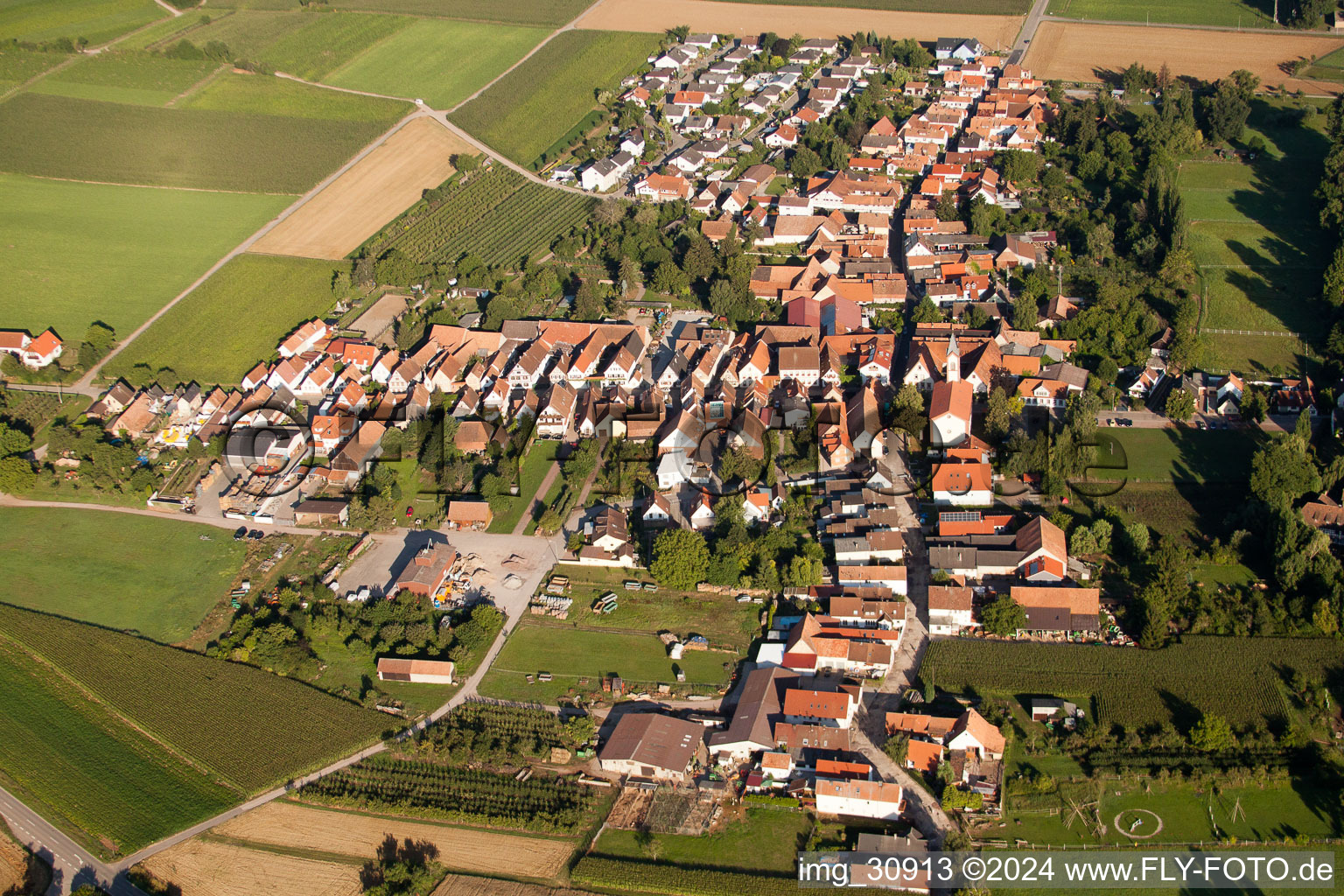 Drone recording of District Mühlhofen in Billigheim-Ingenheim in the state Rhineland-Palatinate, Germany