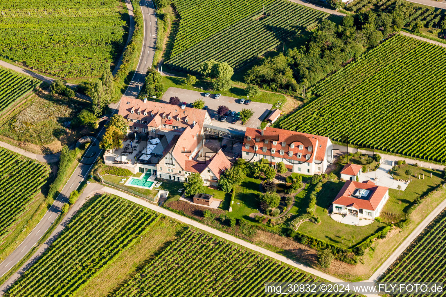 Complex of the hotel building Leinsweiler Hof in Leinsweiler in the state Rhineland-Palatinate, Germany out of the air