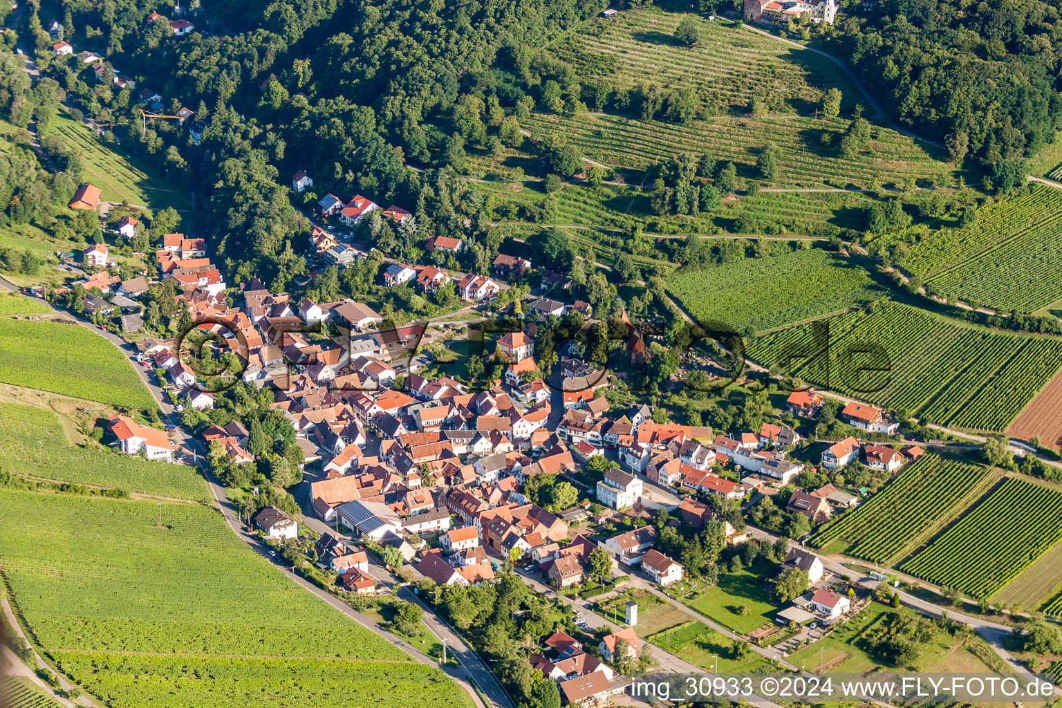 Village - view on the edge of agricultural fields and farmland in Leinsweiler in the state Rhineland-Palatinate, Germany