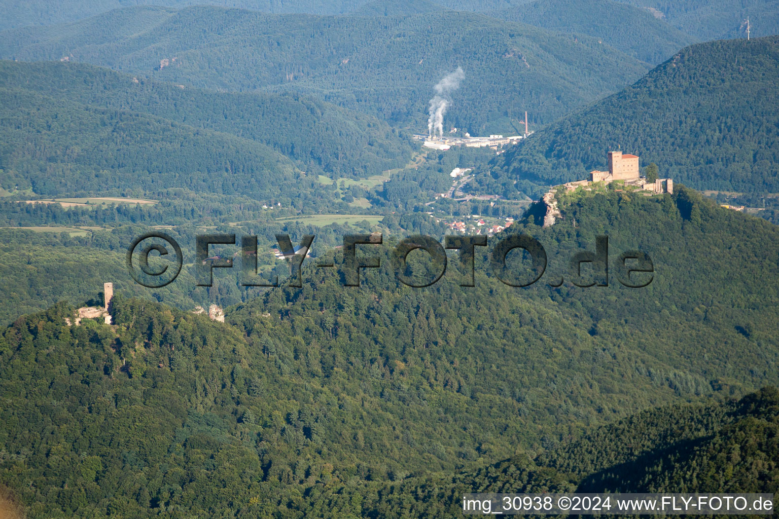 Trifels Castle in the district Bindersbach in Annweiler am Trifels in the state Rhineland-Palatinate, Germany seen from above