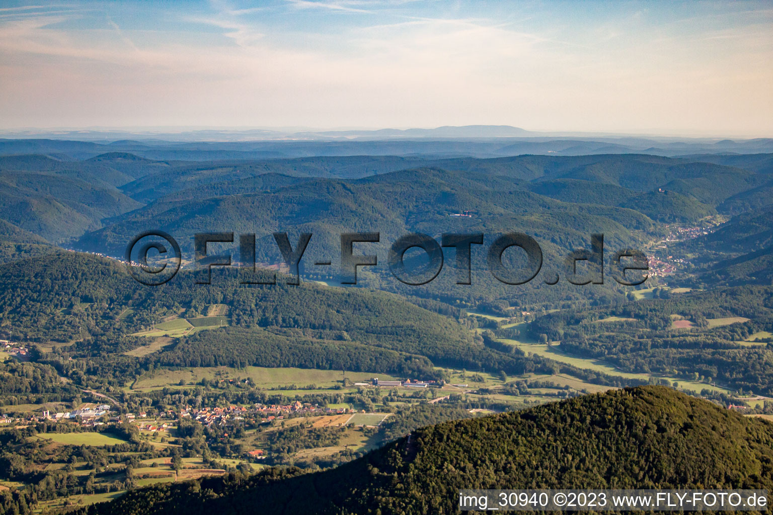 View to the Donnersberg in the district Queichhambach in Annweiler am Trifels in the state Rhineland-Palatinate, Germany