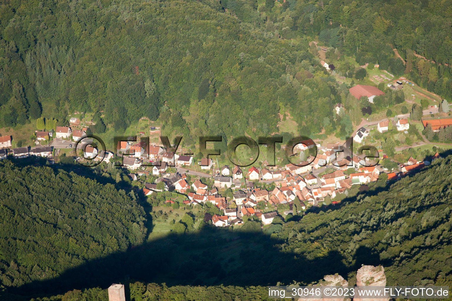 Oblique view of District Bindersbach in Annweiler am Trifels in the state Rhineland-Palatinate, Germany
