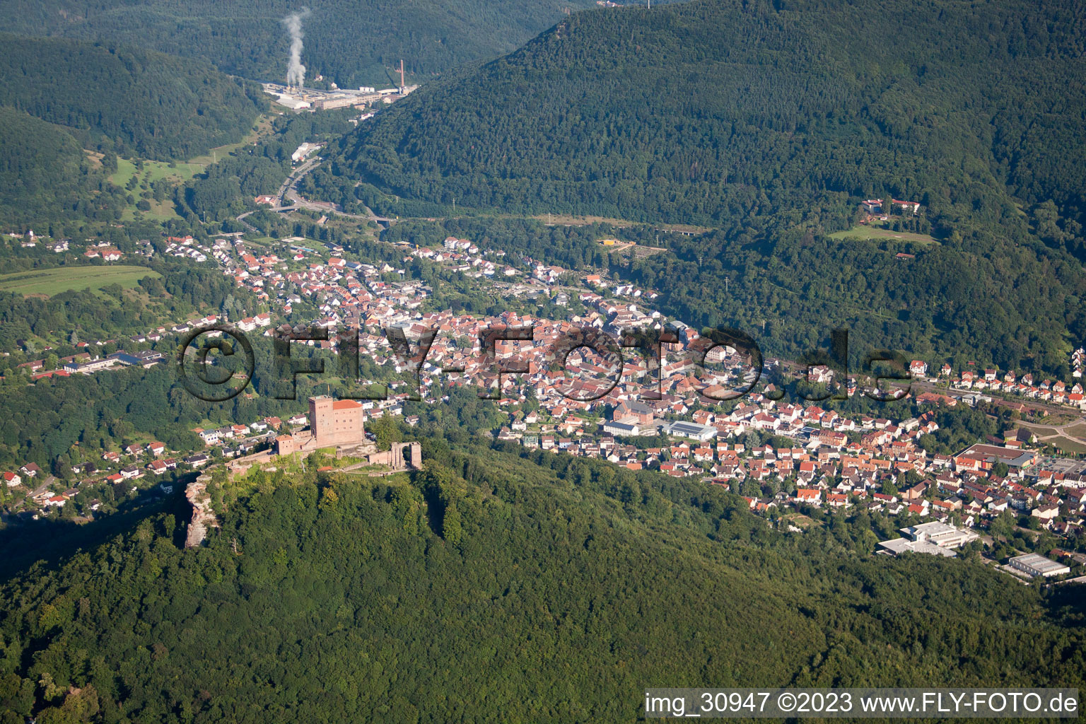 Bird's eye view of Trifels Castle in Annweiler am Trifels in the state Rhineland-Palatinate, Germany