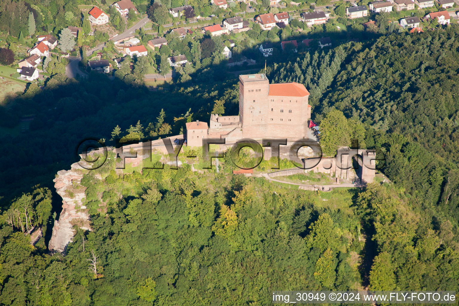 Trifels Castle in Annweiler am Trifels in the state Rhineland-Palatinate, Germany viewn from the air