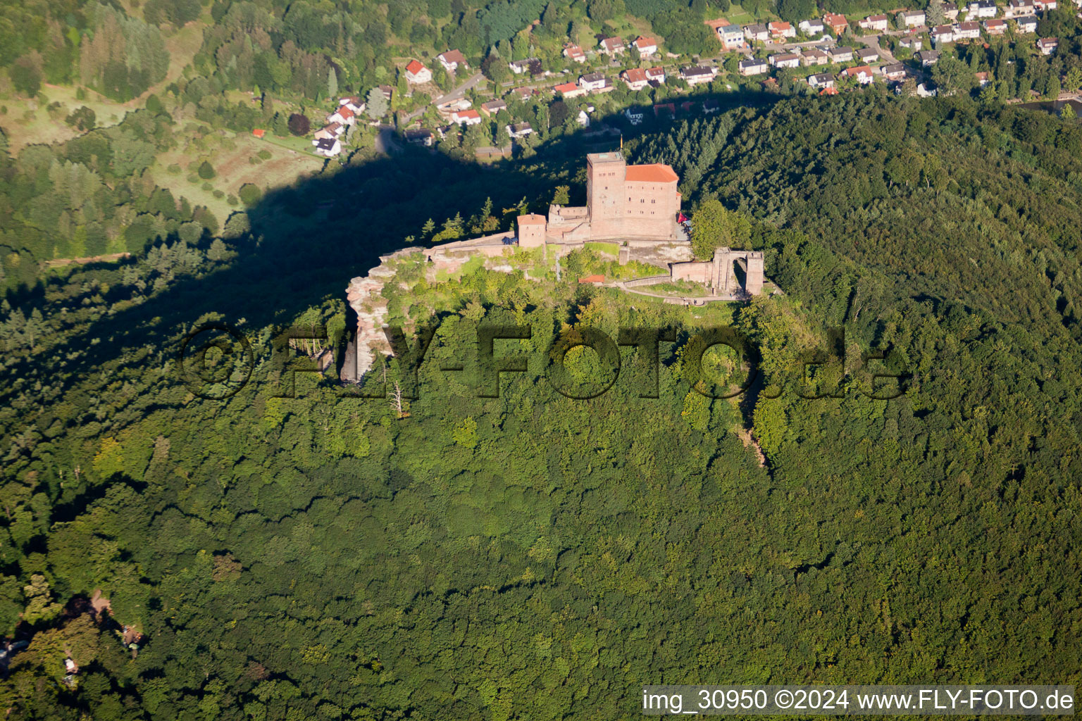 Drone recording of Trifels Castle in Annweiler am Trifels in the state Rhineland-Palatinate, Germany