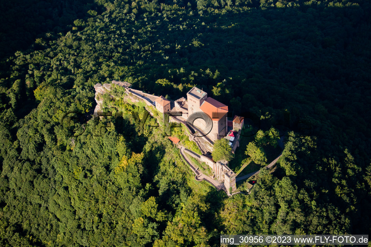 Drone image of Trifels Castle in Annweiler am Trifels in the state Rhineland-Palatinate, Germany