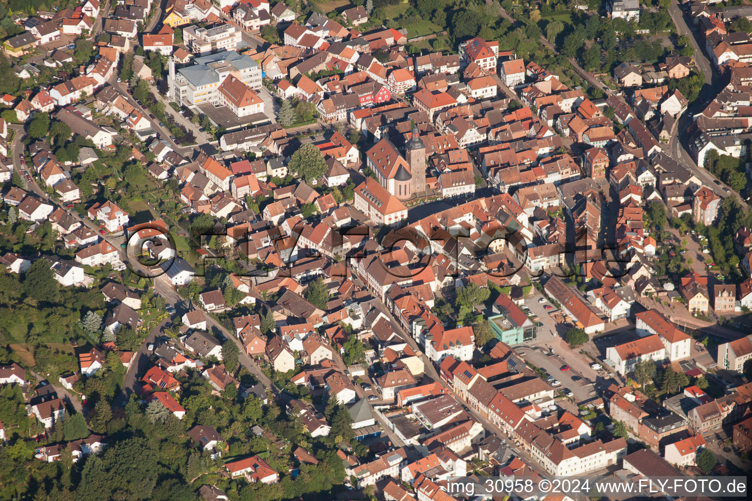 Aerial view of Town View of the streets and houses of the residential areas in Annweiler am Trifels in the state Rhineland-Palatinate