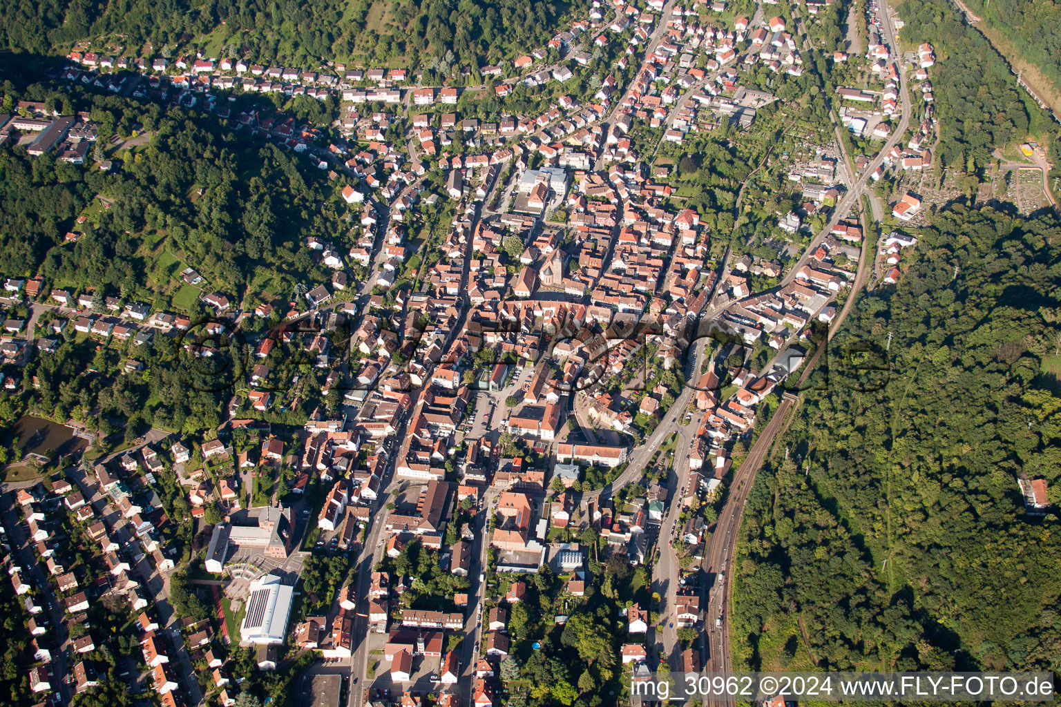 Aerial photograpy of Town View of the streets and houses of the residential areas in Annweiler am Trifels in the state Rhineland-Palatinate